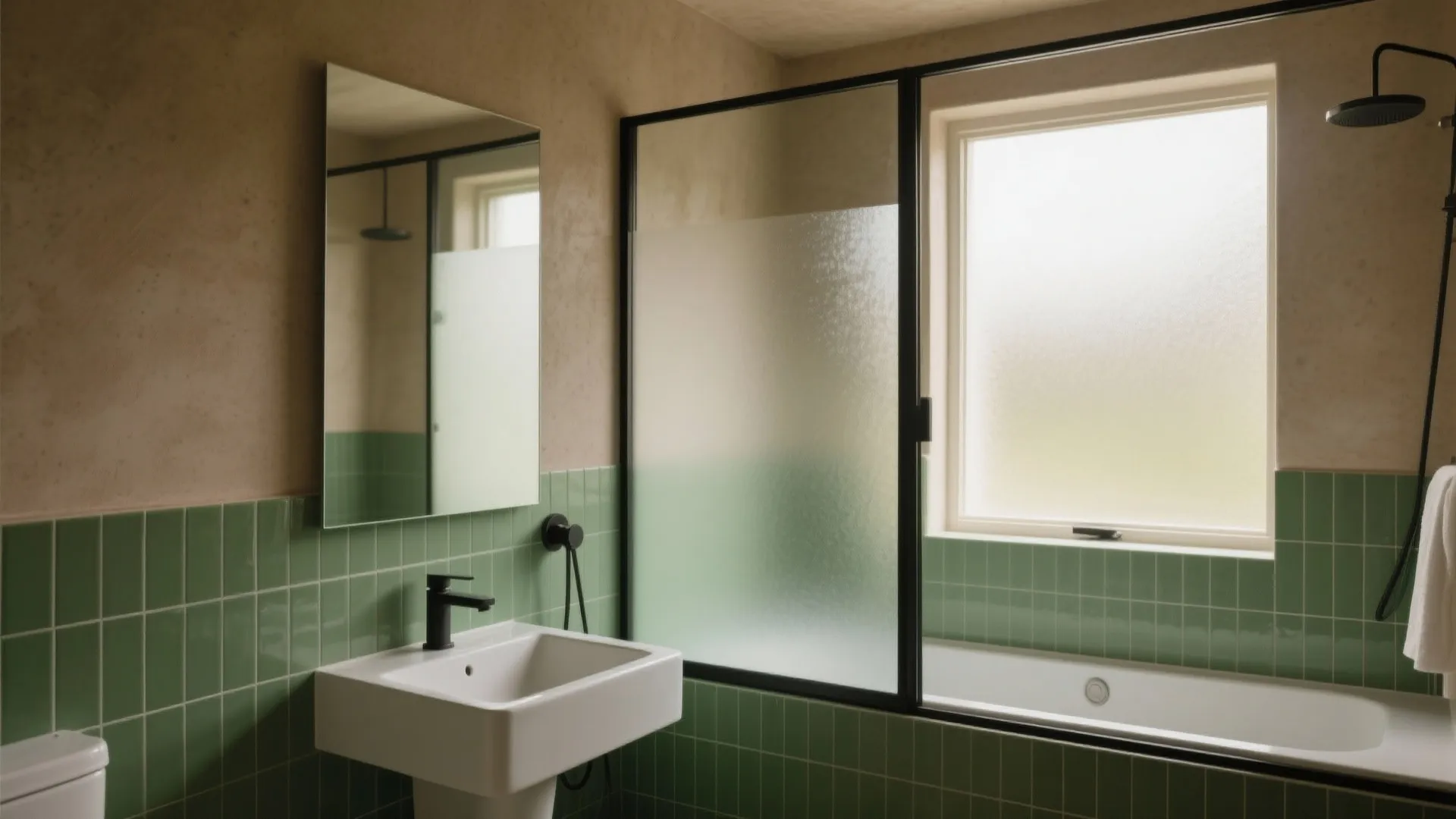 Modern bathroom featuring green wall tiles white sink black light fixture and bathtub near window