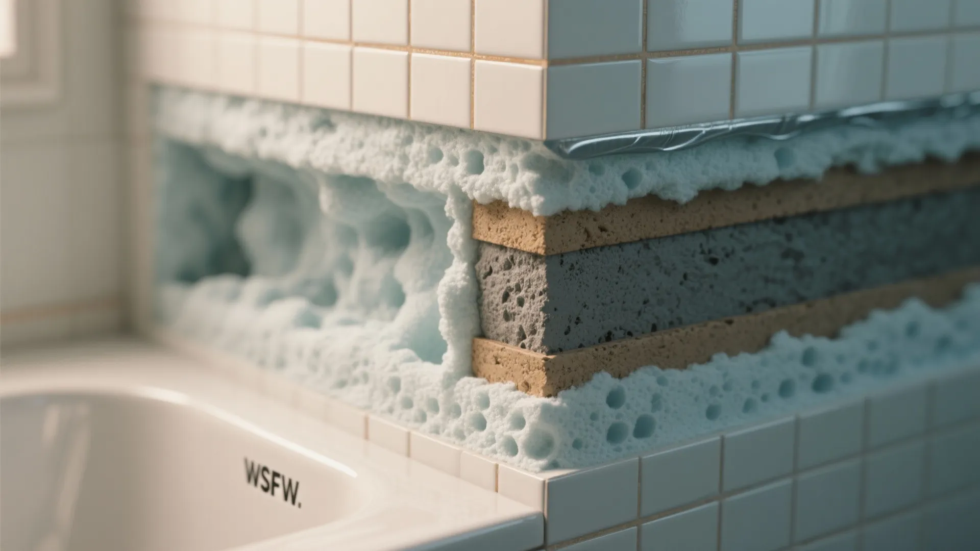 Close up showing layers of bathroom wall tiles insulation foam and grey bricks inside wall