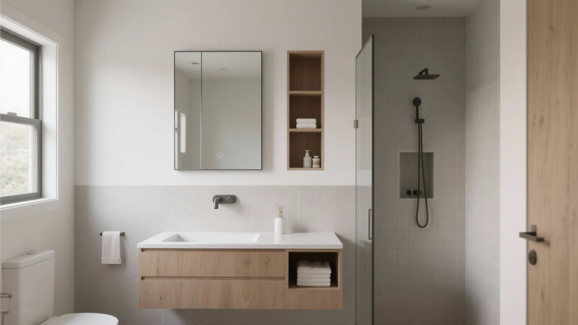 Minimalist Storage With Recessed Niches and Mirrored Cabinets