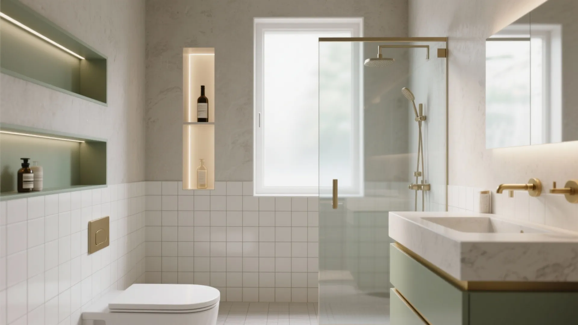 Modern green and white bathroom featuring a marble sink gold light fixtures and glass shower
