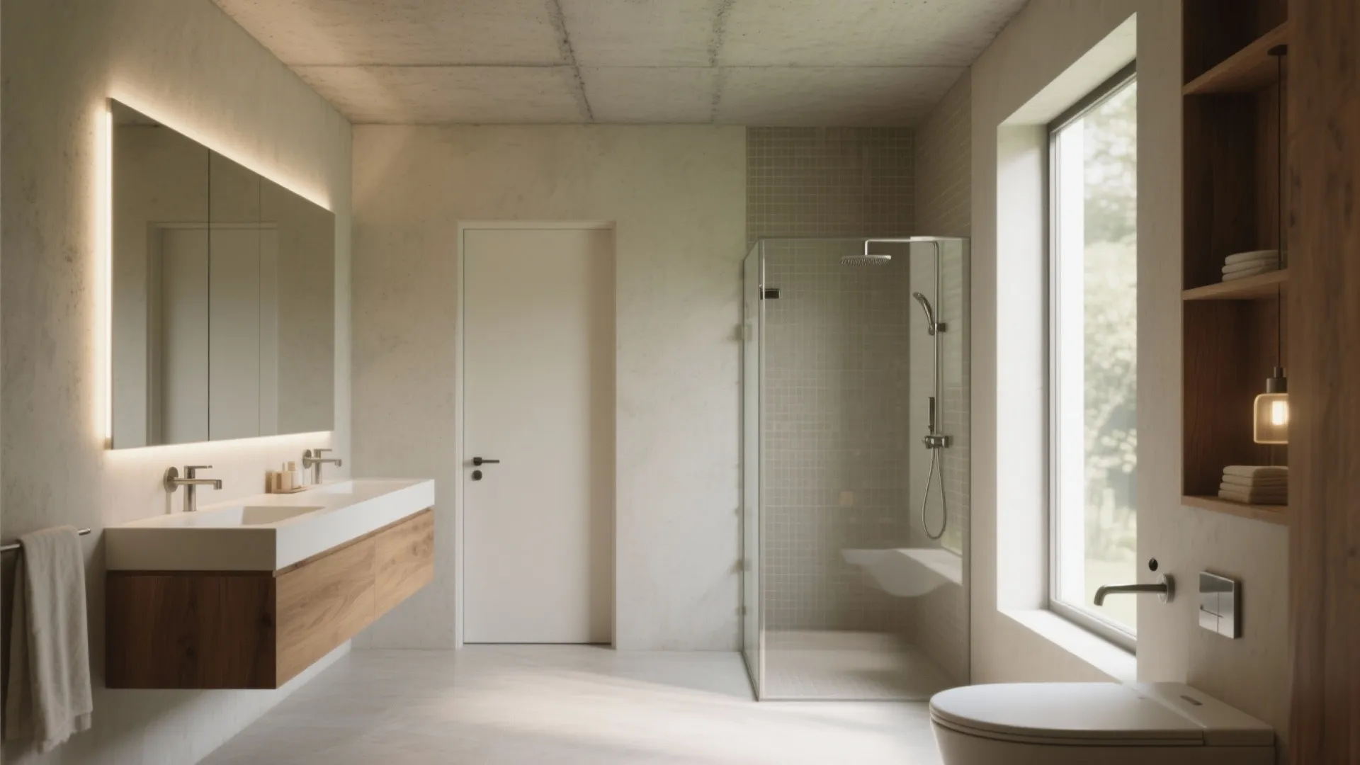 Modern bathroom with double sink vanity glass shower door white toilet and large window view