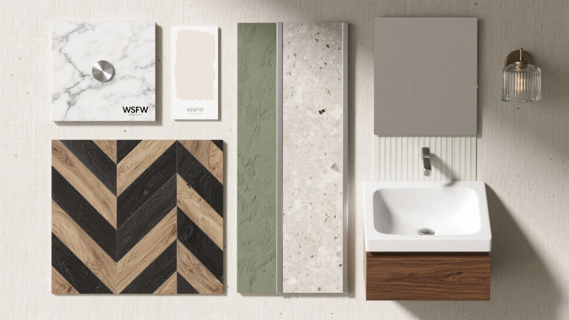 Flatlay of vinyl tile samples with metal finishes and paint chips for bathroom palettes.
