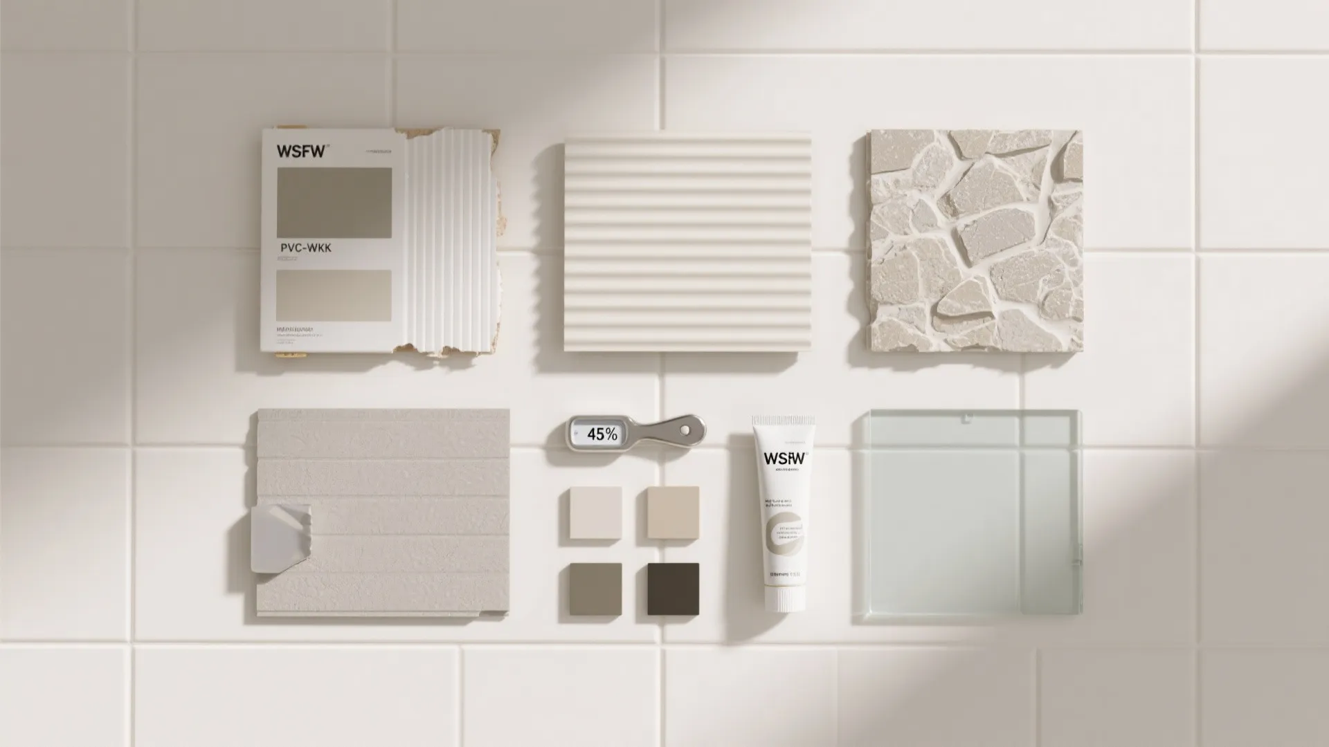 Top-down flat lay of beadboard, fluted PVC, composite stone, microcement, acrylic, caulk, and a hygrometer.