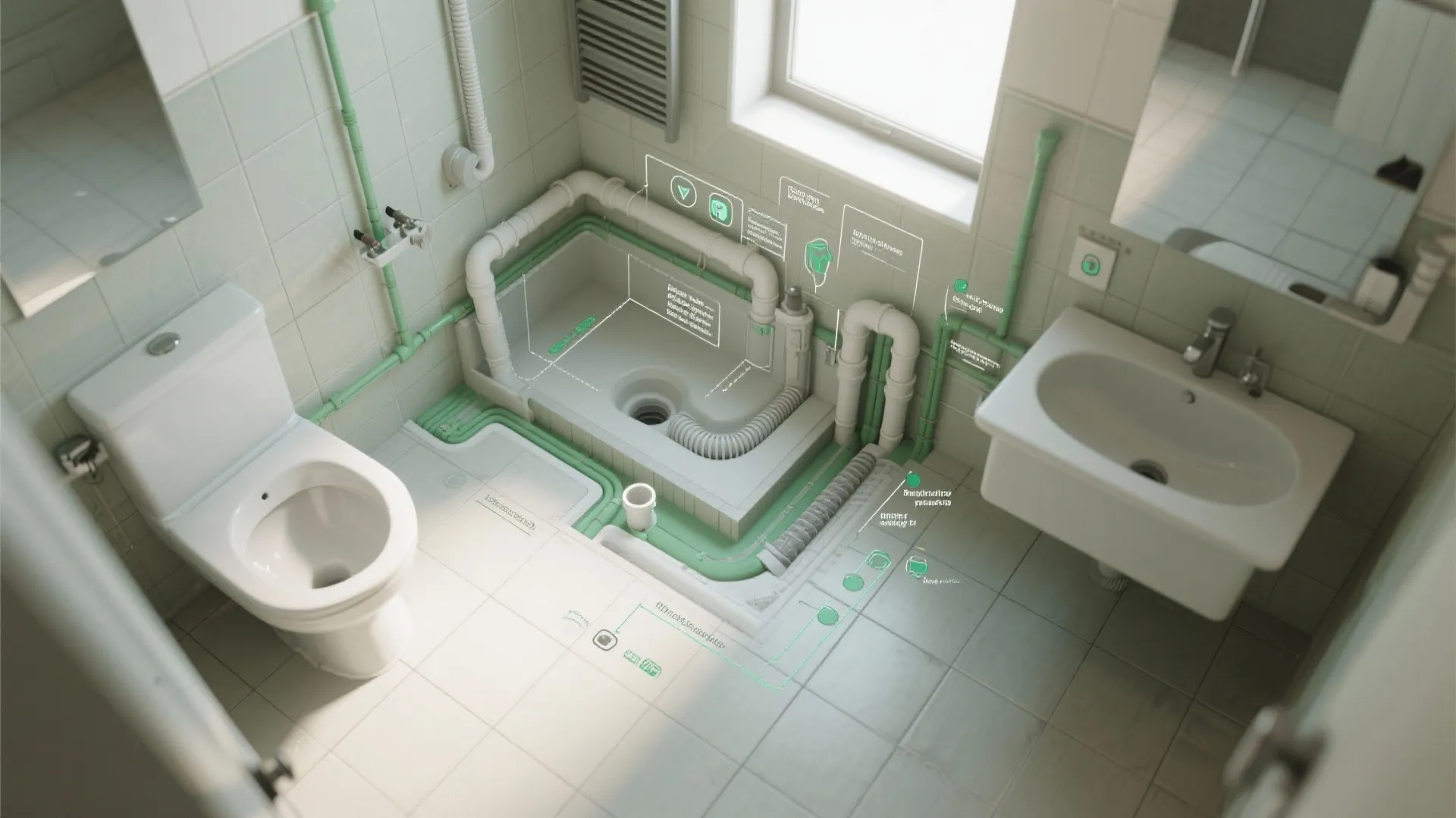 Modern bathroom interior design drawing showing green water pipes and white toilet and sink layout