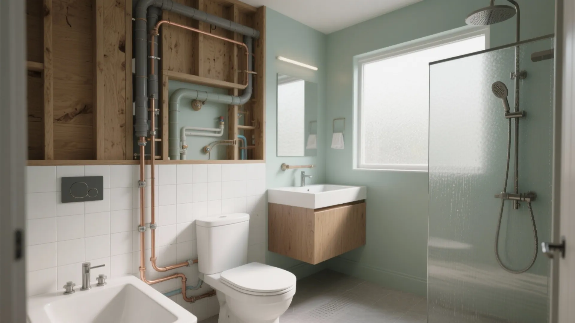 Interior design drawing showing exposed copper bathroom pipes behind wall next to white modern toilet