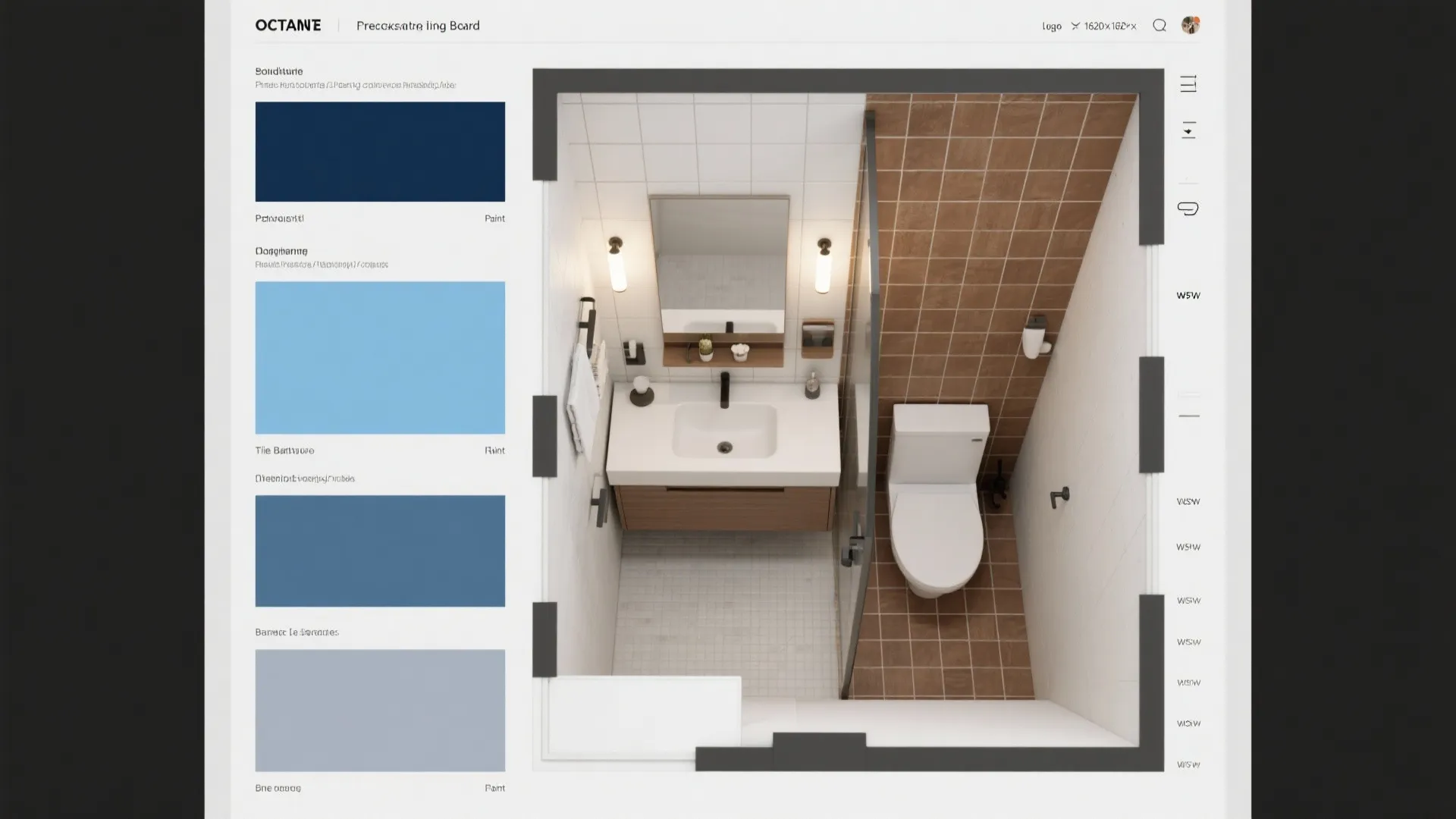 Top-down bathroom layout mockup showing paint and tile zones with blue and brown options