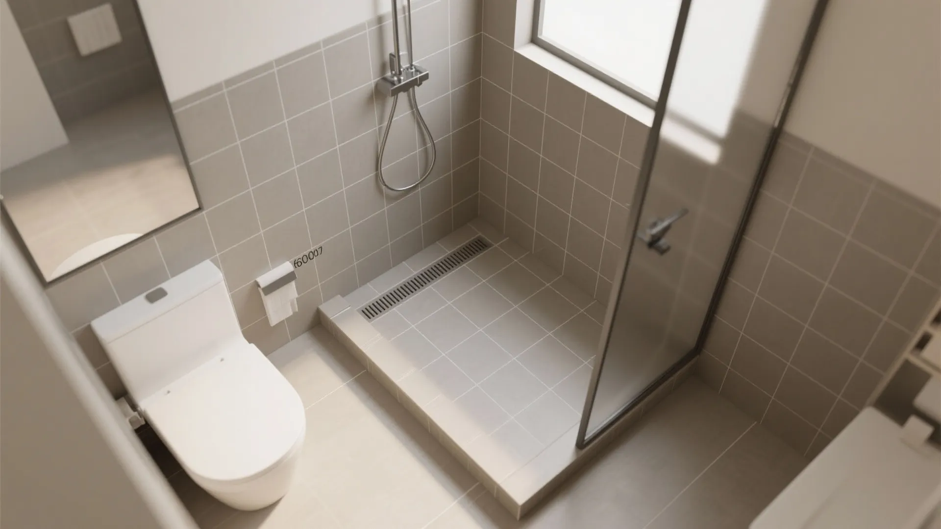 Modern bathroom interior design drawing with toilet glass shower door white wall tiles and floor drain