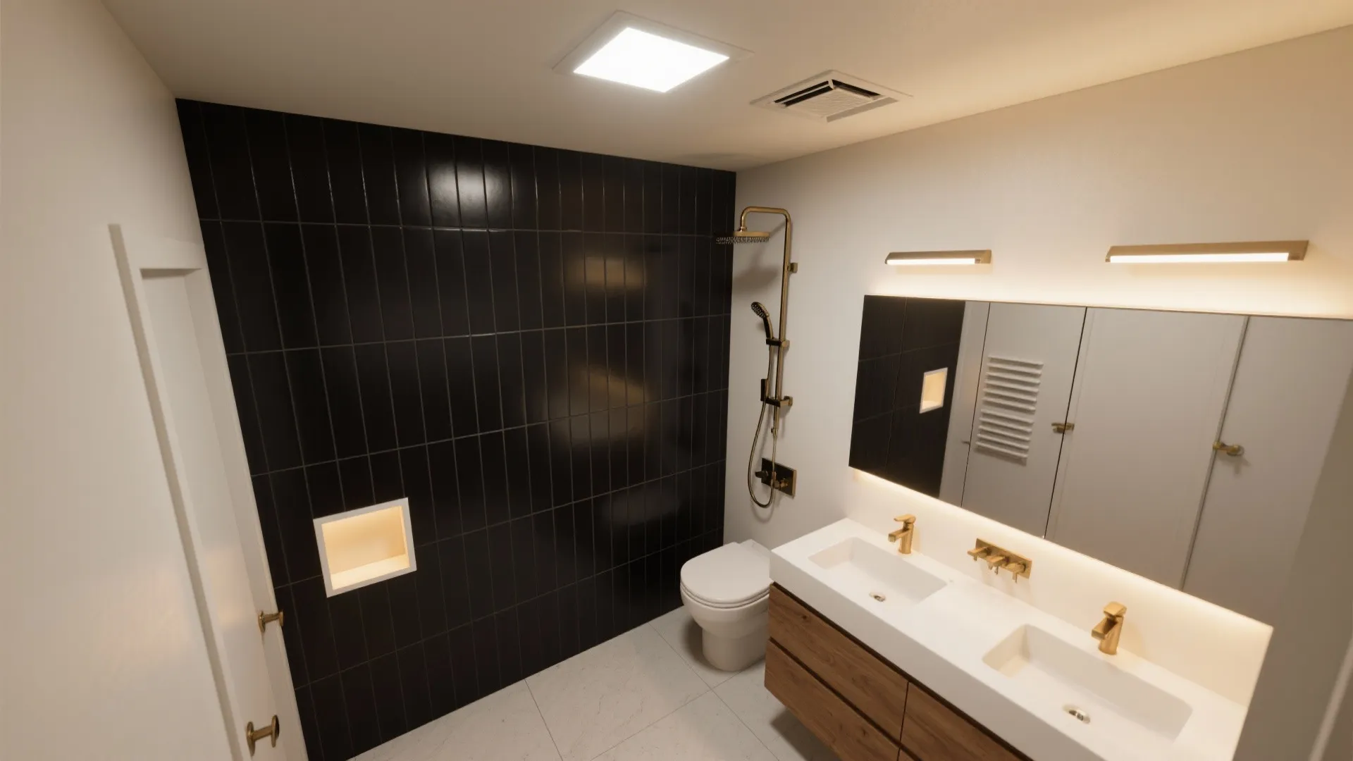 Modern bathroom with black wall tiles white toilet wood cabinet double sinks and gold light fixtures