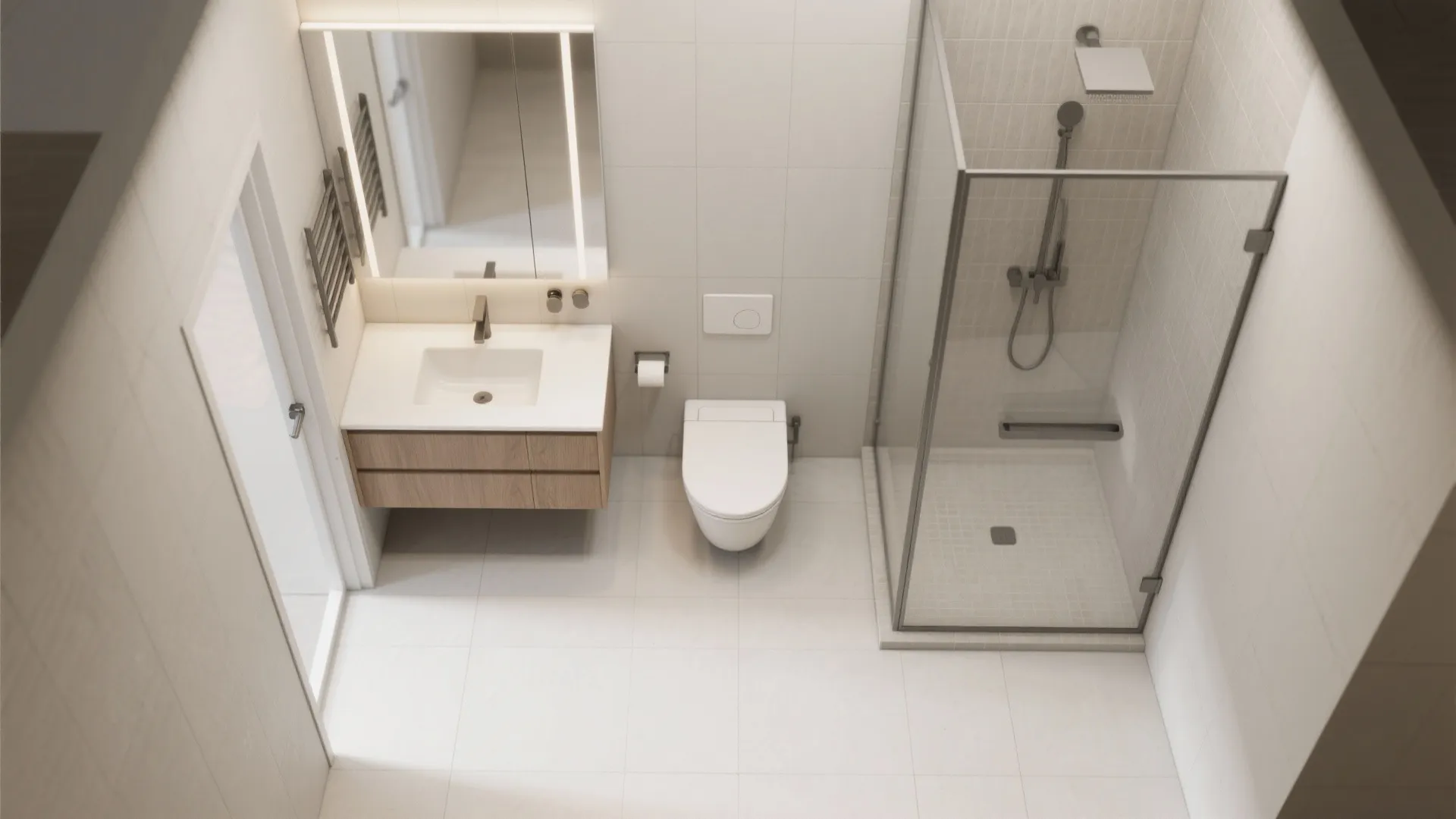 Interior design drawing showing top view of bathroom with sink toilet and glass walk in shower