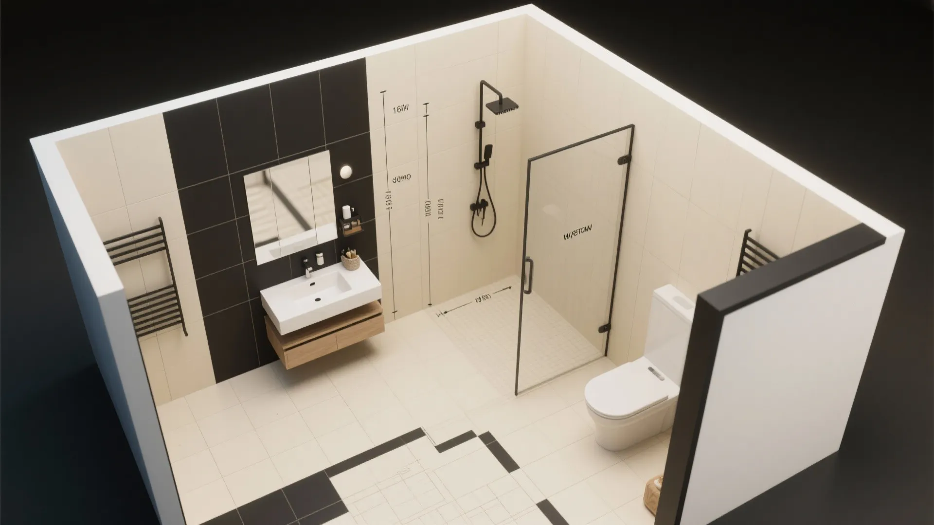 Modern bathroom 3D model with black and white tiles plus toilet sink and shower area