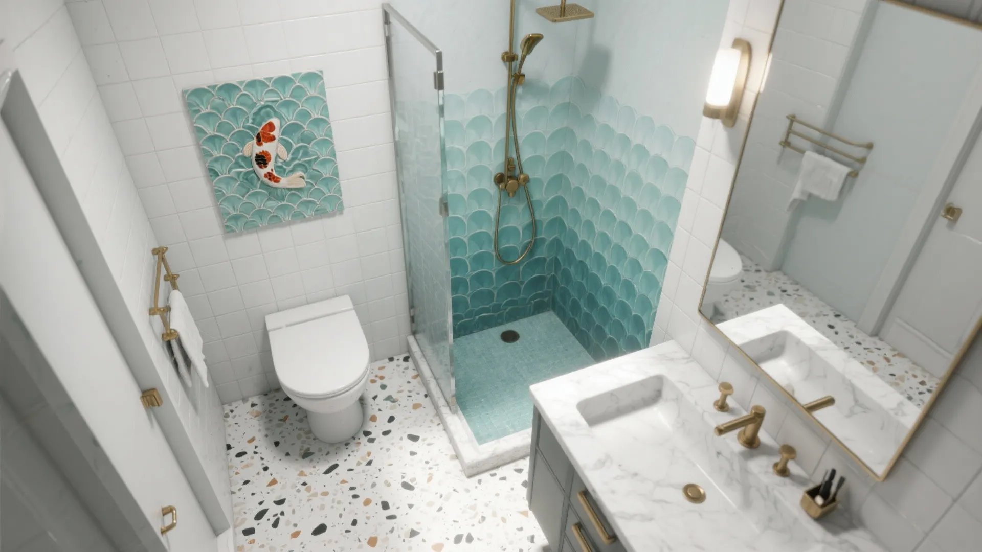 Modern white bathroom with fish scale tiles glass shower cabin marble sink and gold fixtures