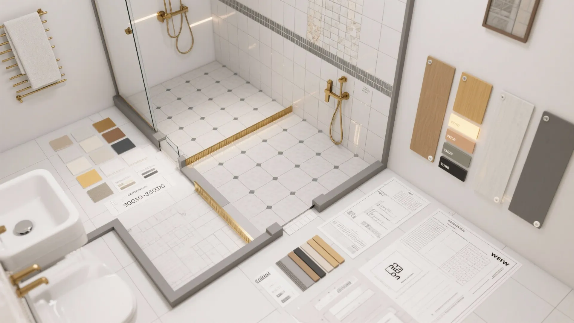 Top view bathroom interior design drawing showing shower area floor plan materials and color samples