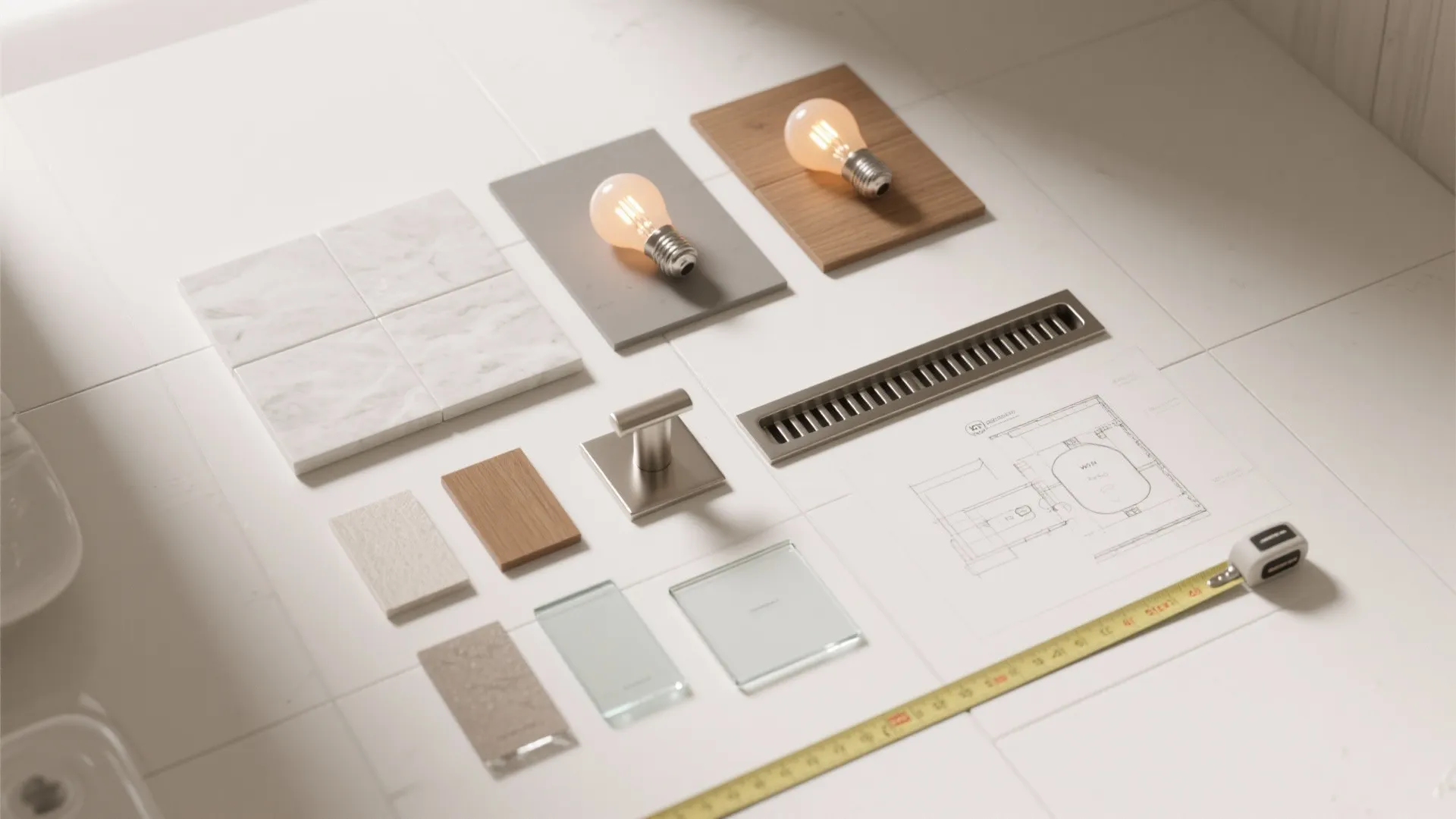 Bathroom design materials including tiles light bulbs wood samples floor plan and yellow tape measure