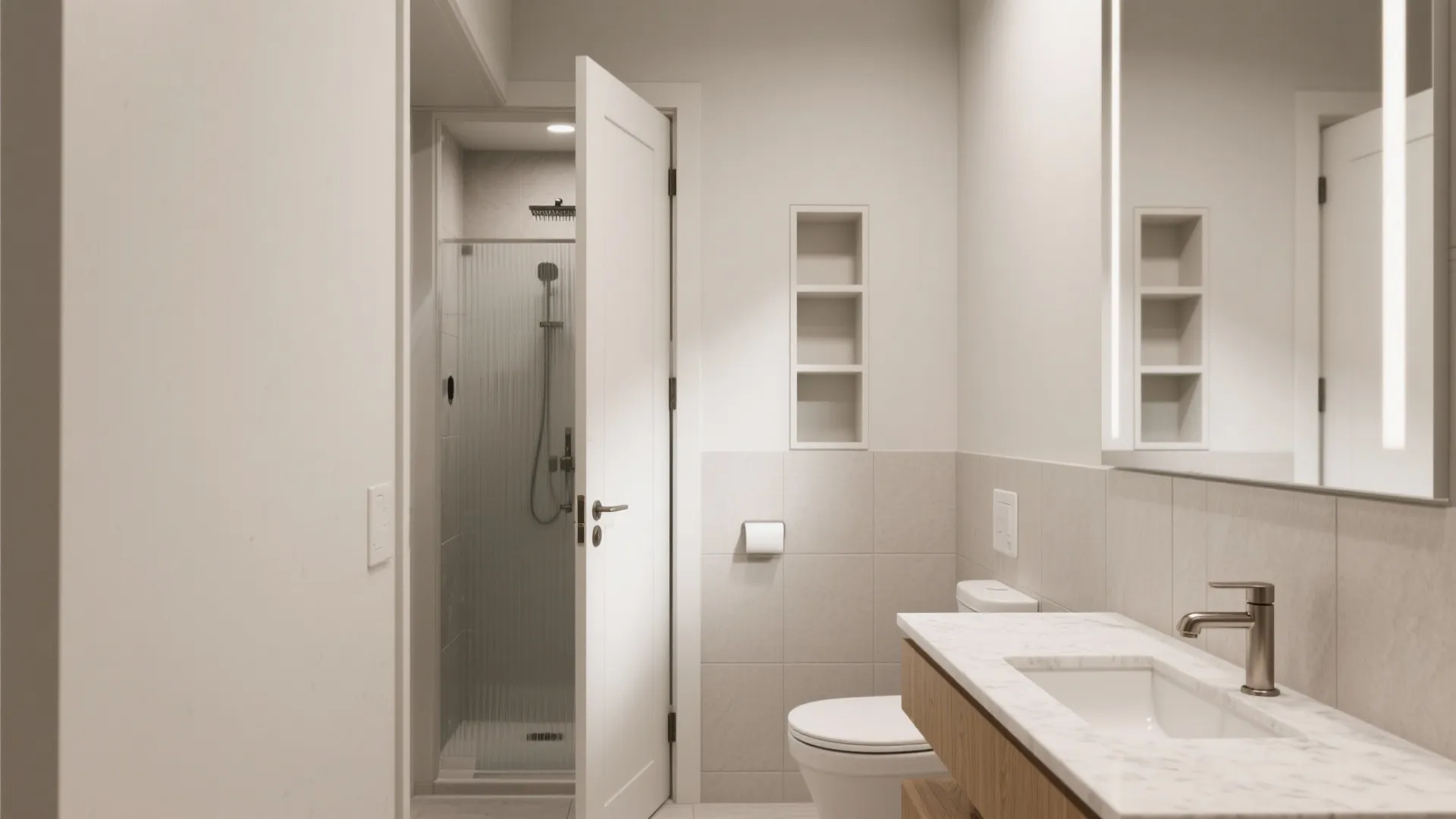 Clean white bathroom with marble sink, wooden cabinet, toilet, wall shelves, and glass shower door