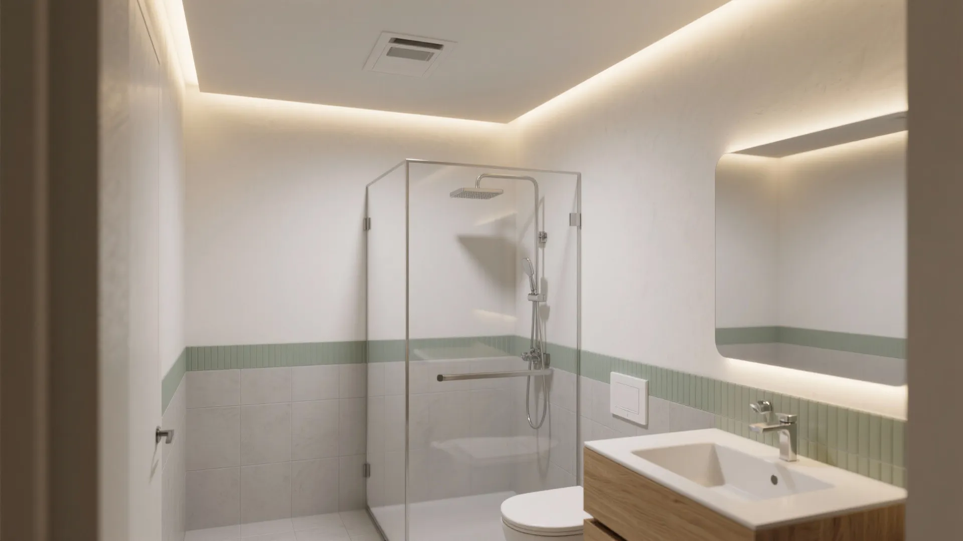 Modern bathroom interior design with glass shower stall white walls wooden cabinet and green tiles