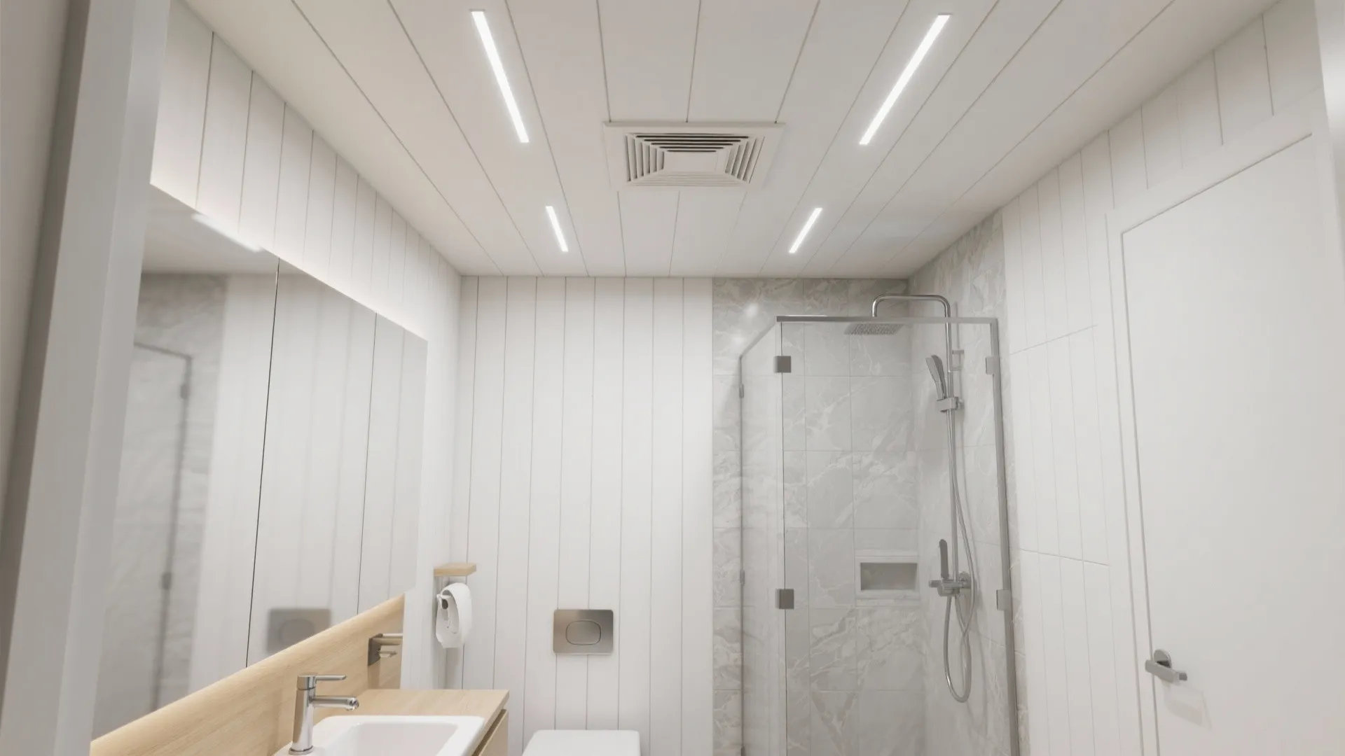 Modern white bathroom featuring glass shower door marble tiles large mirror and recessed ceiling lights