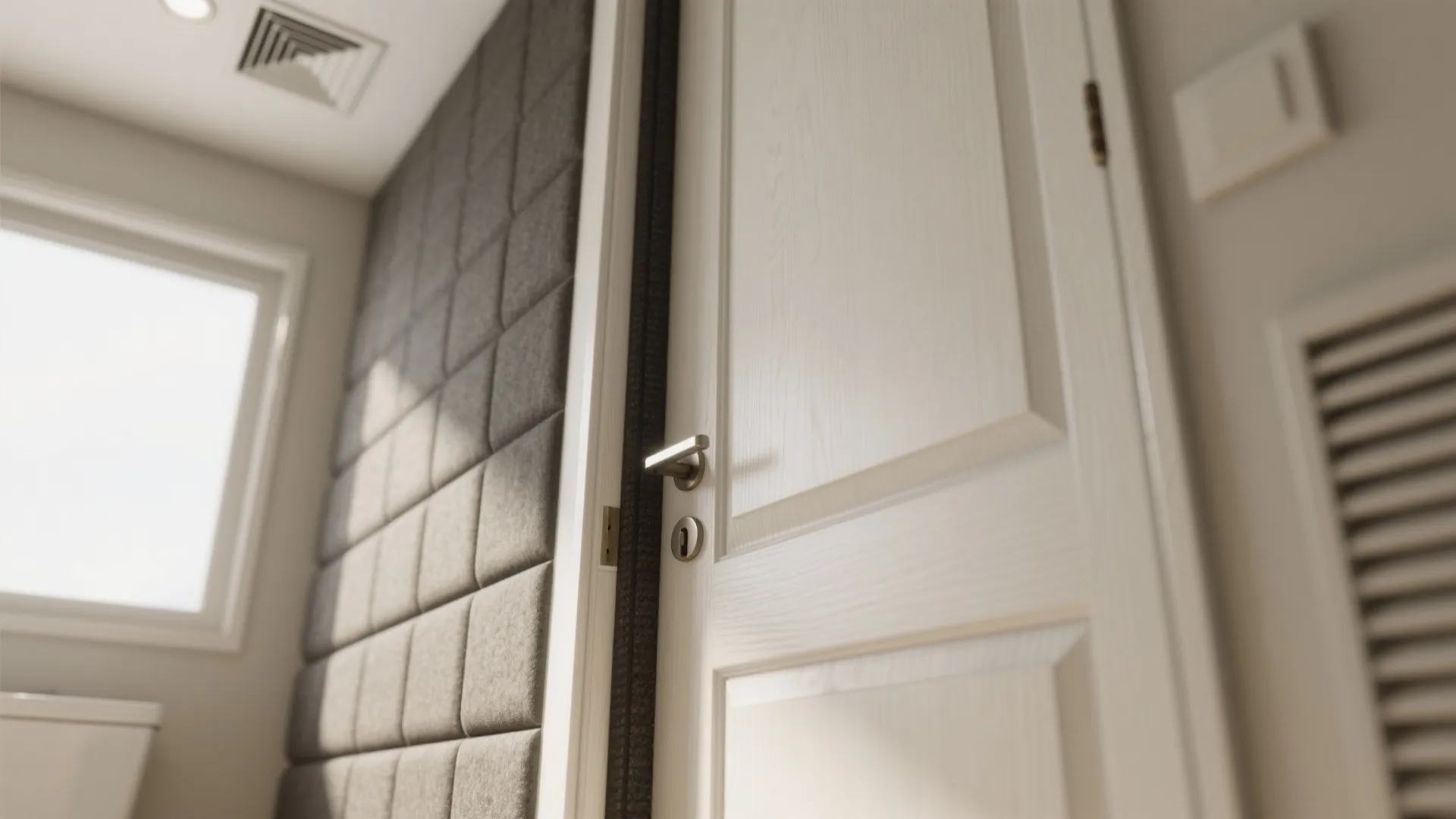 Macro of a solid-core bathroom door with acoustic gasket and drop seal, with a discreet vent fan nearby.