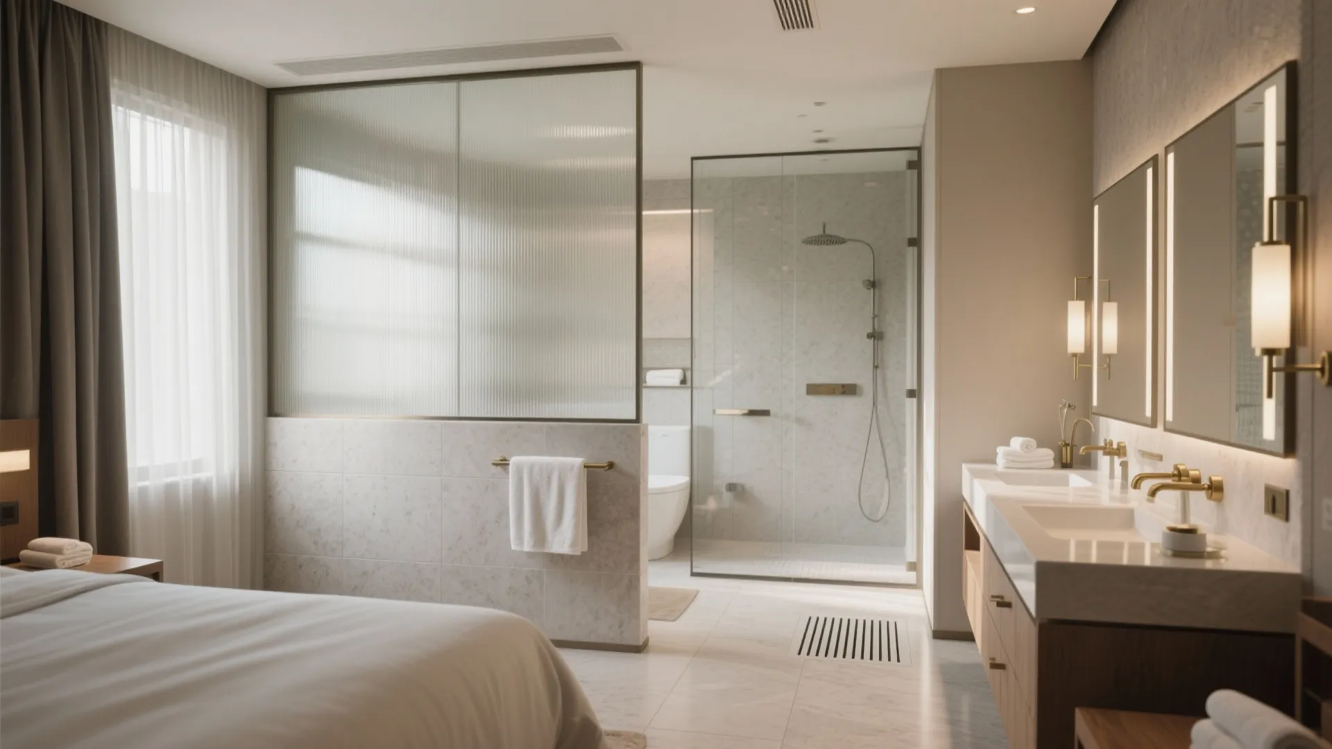 A luminous bath with a discreet glass partition