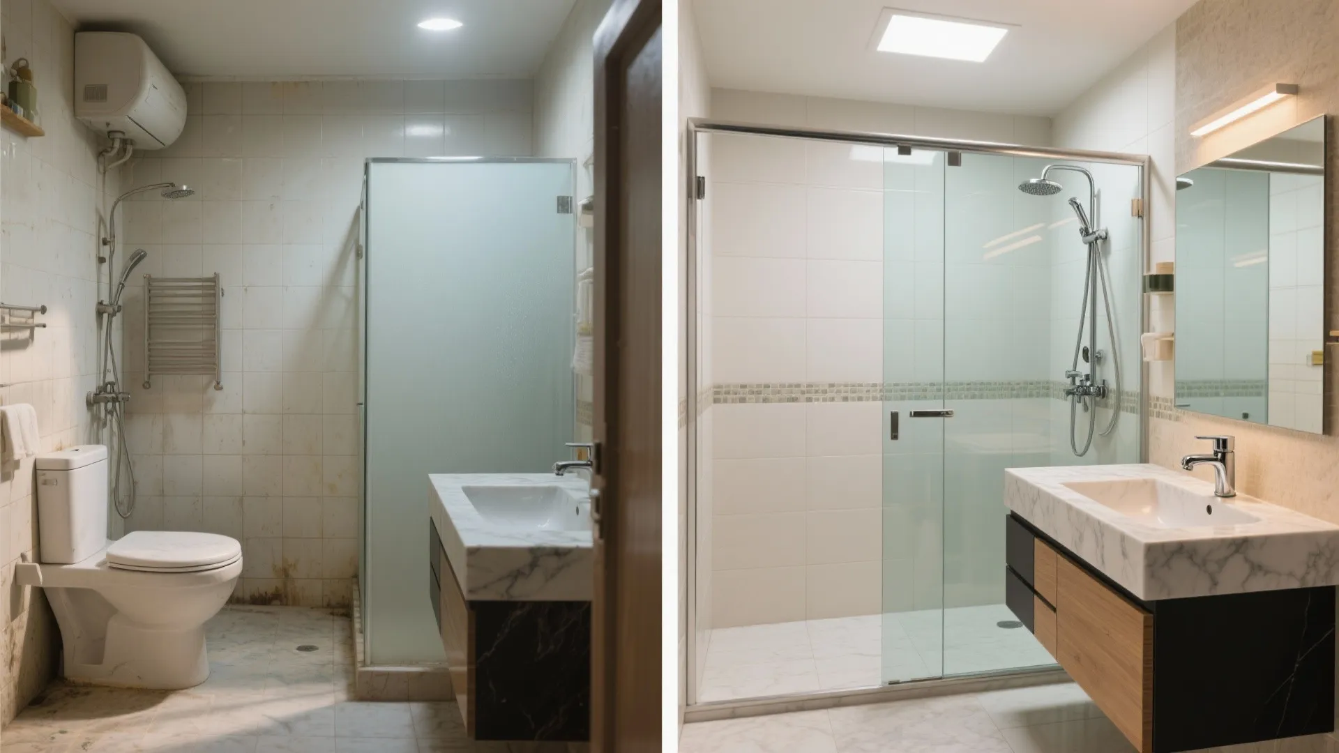 Before and after renovation comparison showing an old dated bathroom transformed into modern clean space