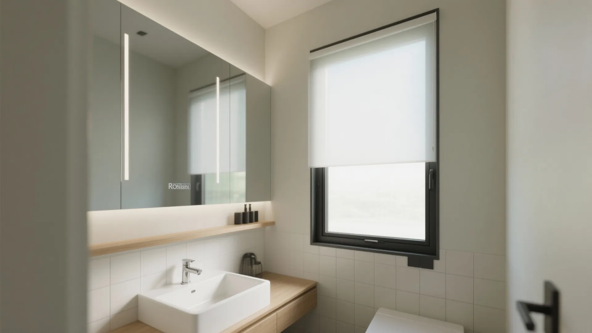 Modern bathroom interior featuring a white sink wooden cabinet large mirror and black window frame