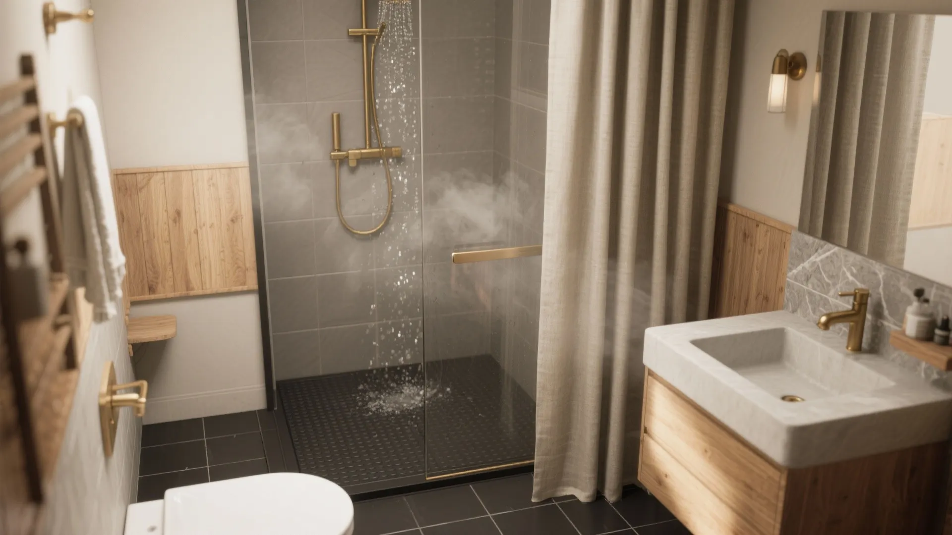 Warm bathroom interior with gold fixtures wood panels glass shower door and marble sink cabinet