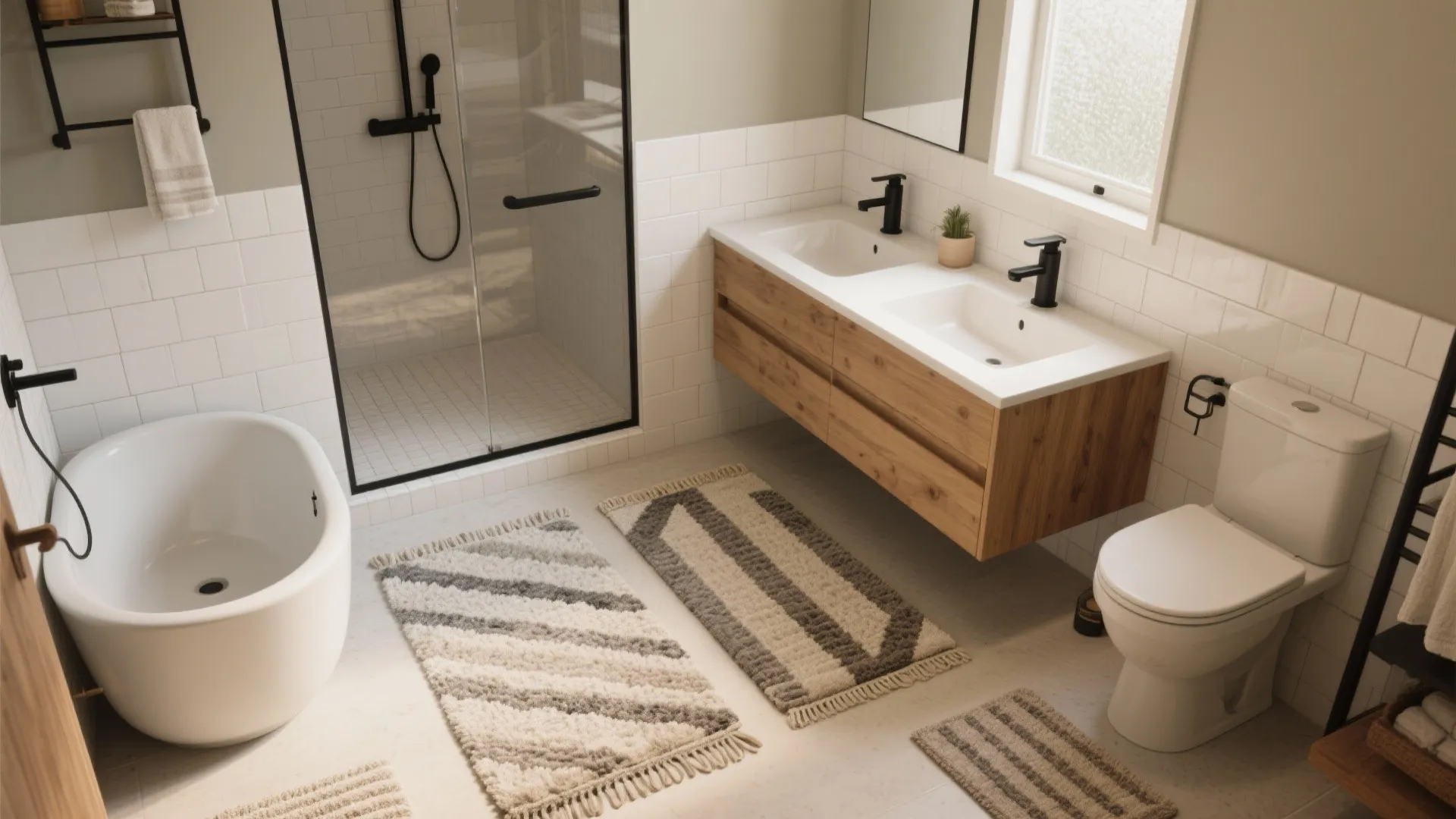 Full bathroom view with bathtub glass shower wooden cabinet toilet and several striped floor rugs