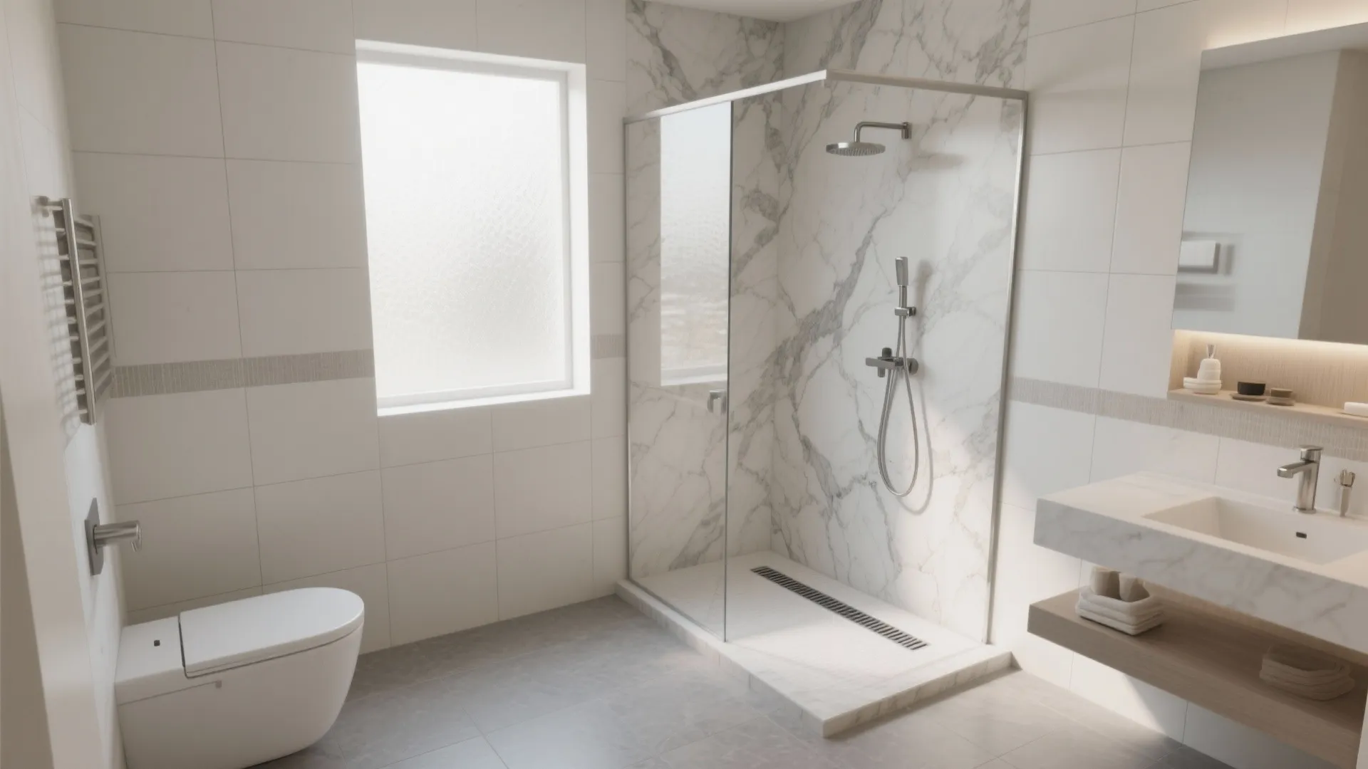 Modern bathroom interior featuring marble shower walls, glass door, white toilet, sink, and natural light