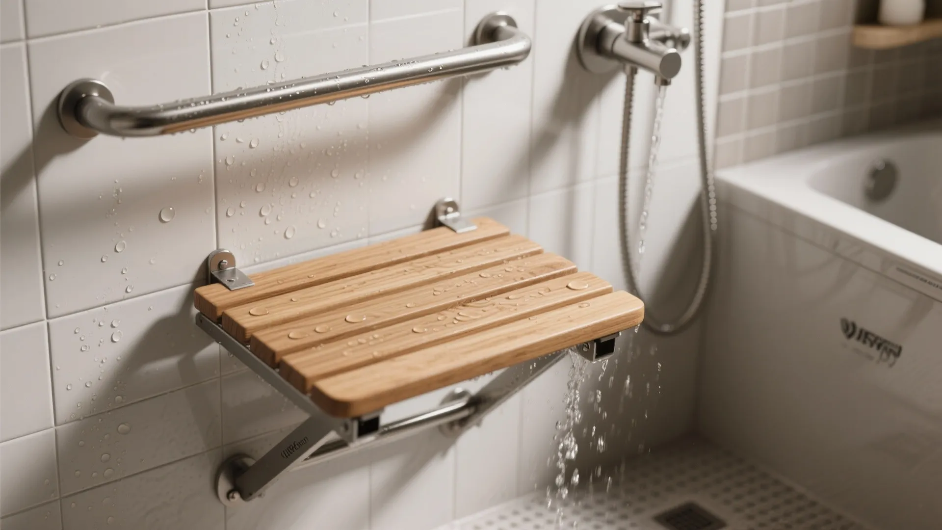 Wooden folding shower seat mounted on white wall next to silver metal safety grab bar