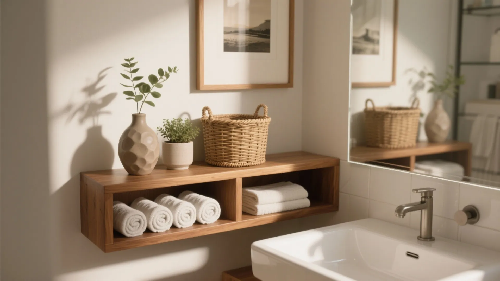 Modern bathroom shelf with rolled towels, wicker basket, ceramic vase, and a white sink basin