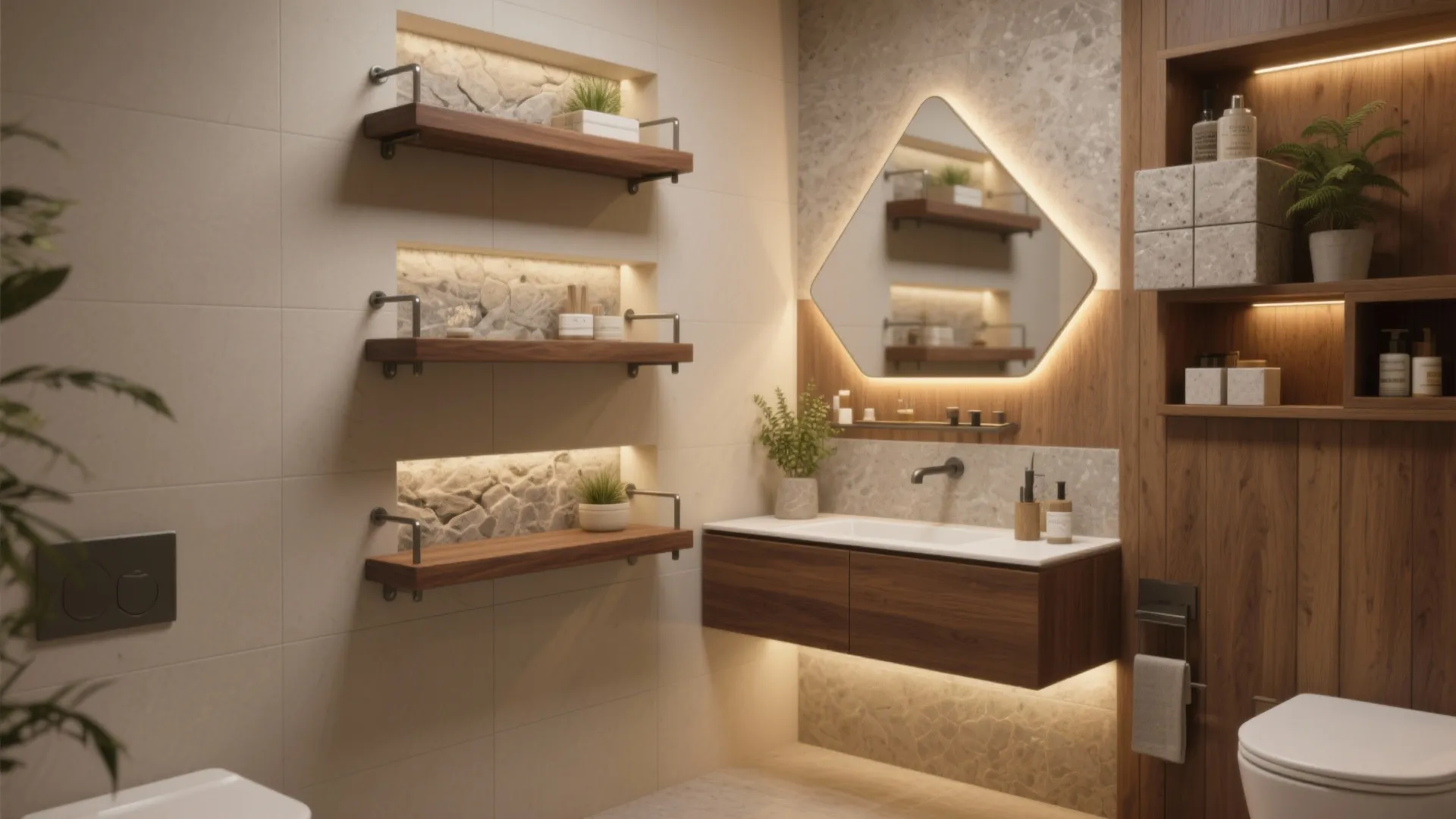 Modern bathroom with wooden wall shelves vanity sink and lit mirror with light wood paneling