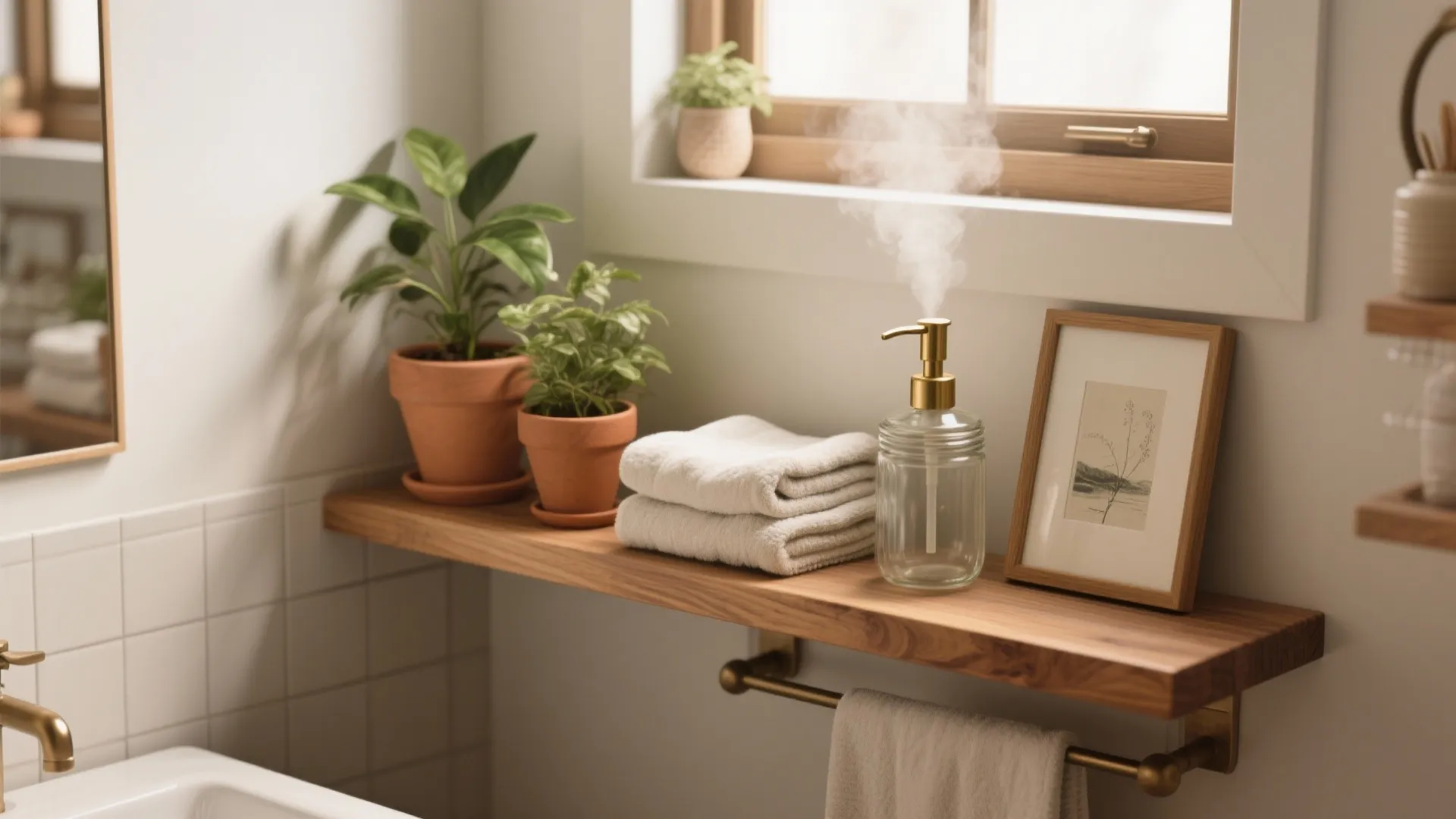 Wooden bathroom shelf with potted plants white towels glass soap dispenser and a framed picture