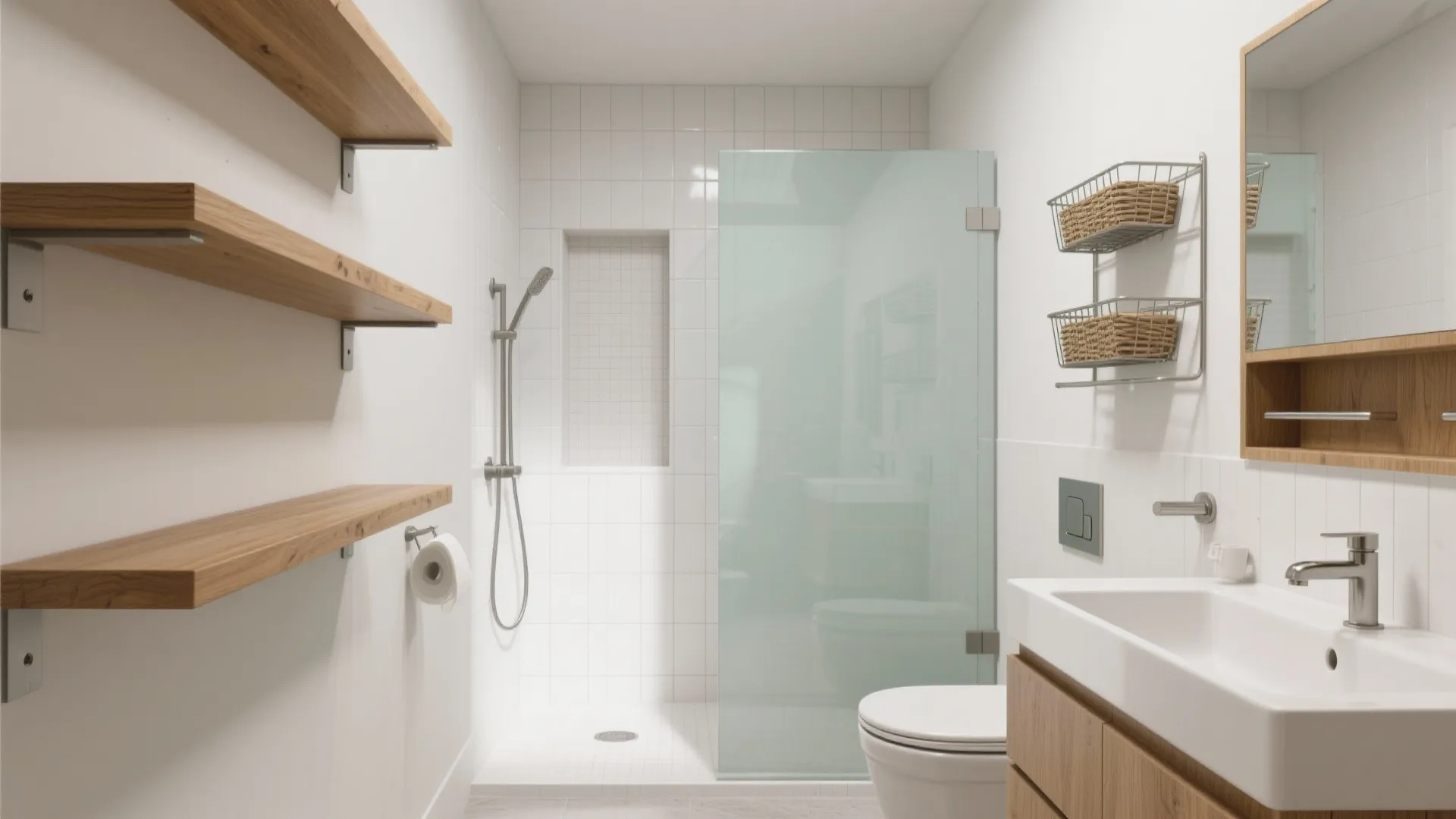 Bright white bathroom featuring wood floating shelves, glass shower door, white toilet, and wooden vanity