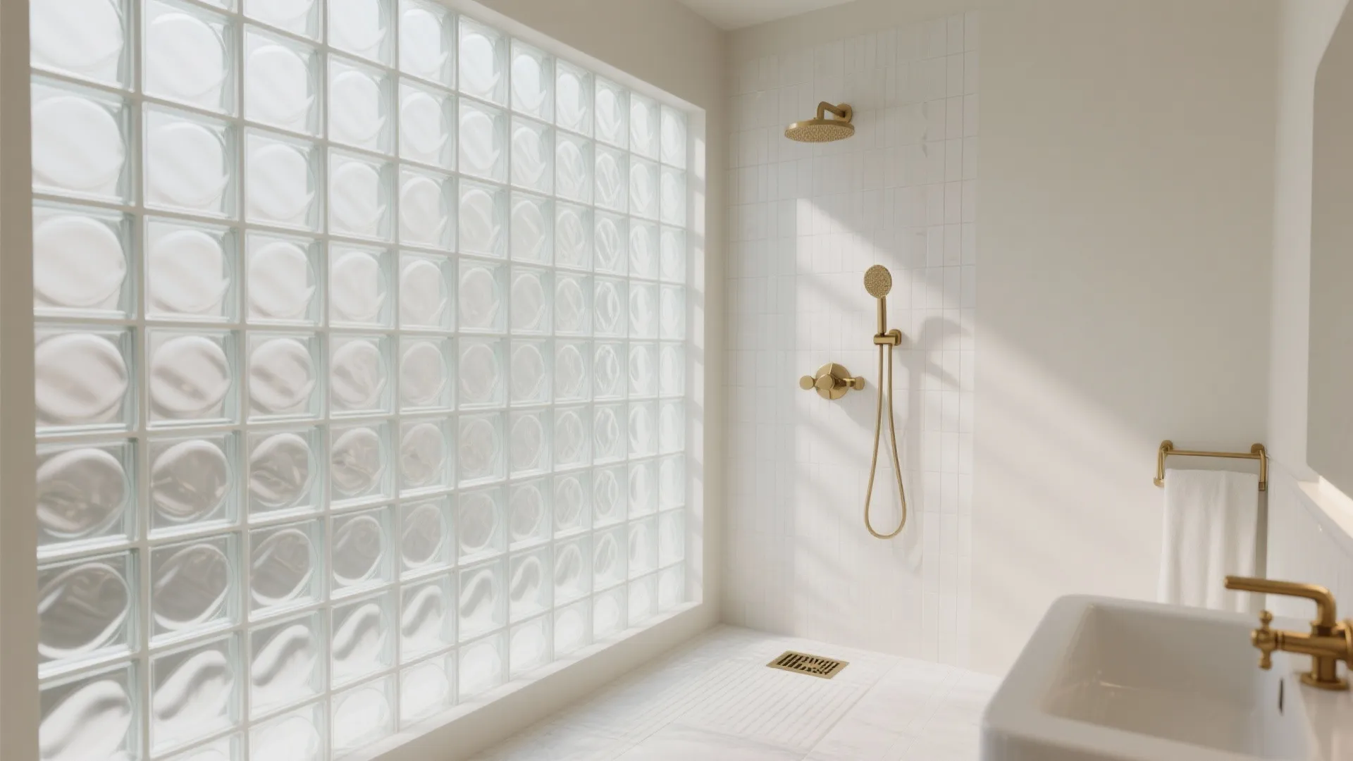 Bathroom with a glowing glass block shower wall, matte tile, satin brass details, and a curbless layout for a spa-like feel.