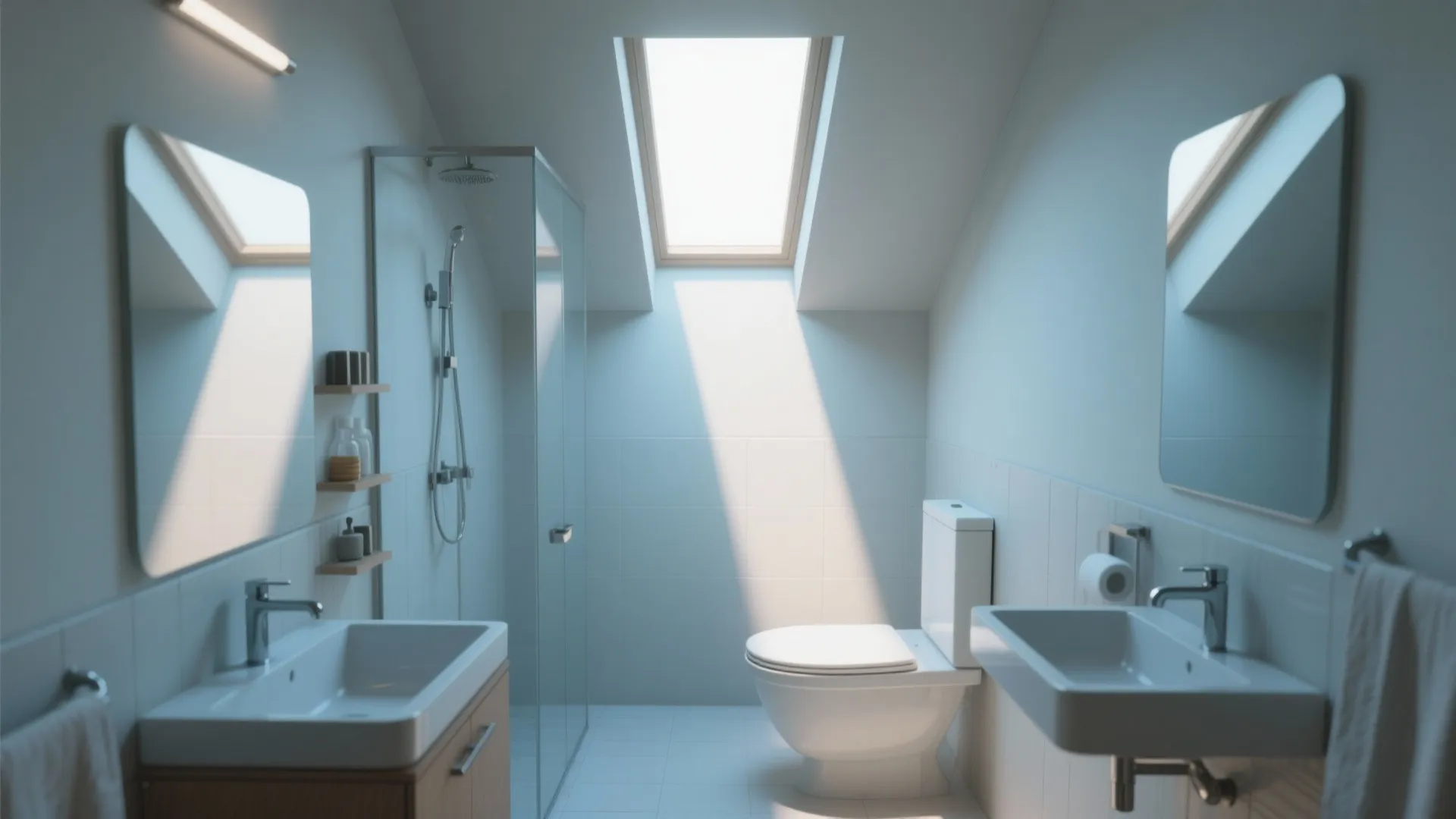 White bathroom under a roof window with double sinks mirrors glass shower and a white toilet