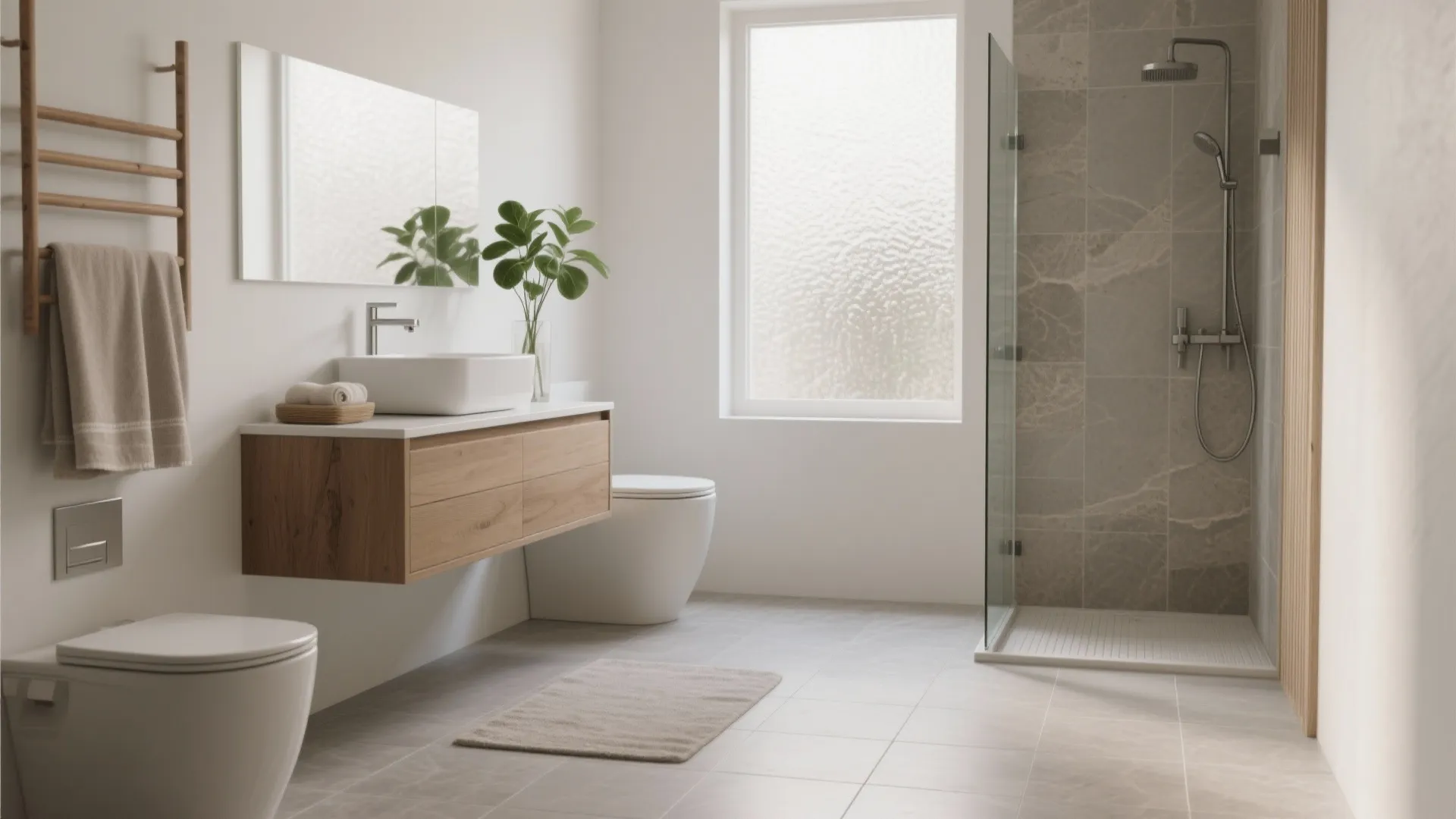 Minimalist bathroom with wooden cabinet white sink toilet glass shower area and light grey floor