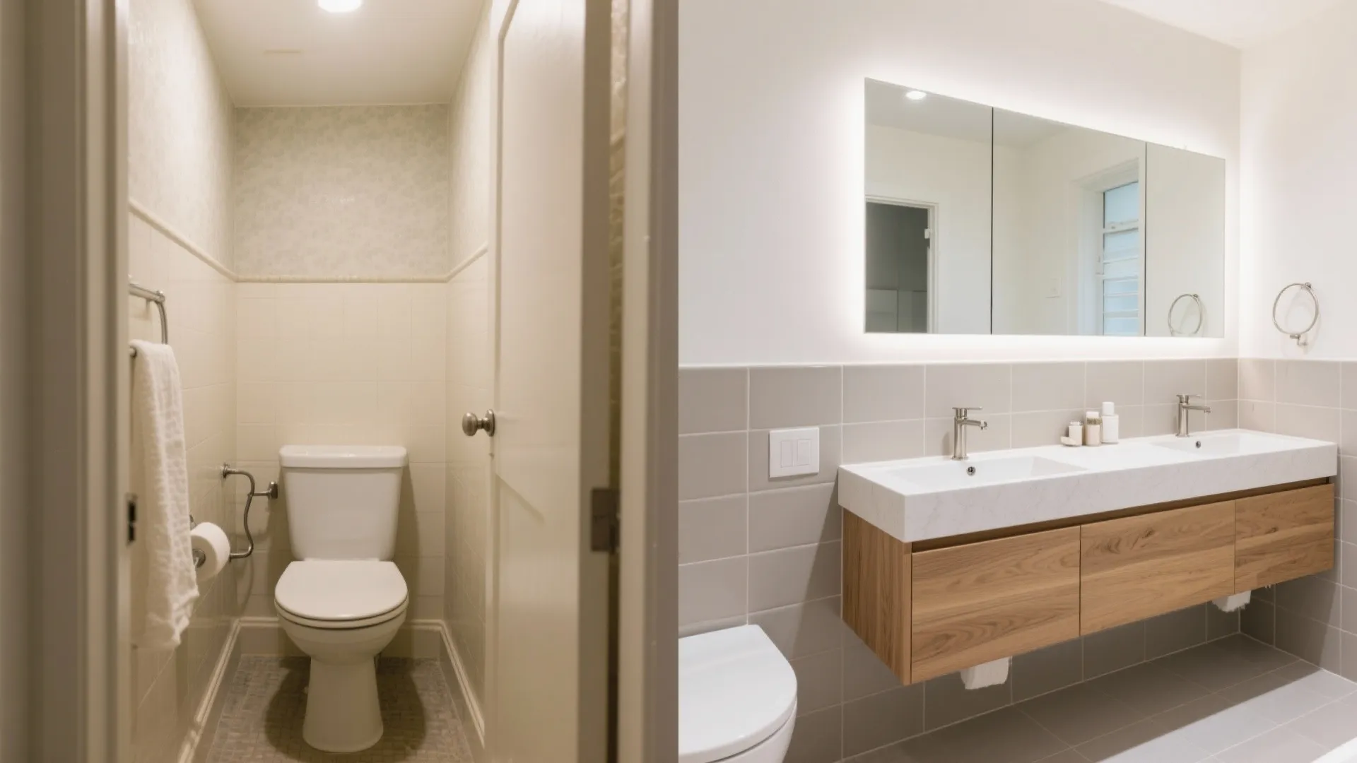 Tiny Spa Bathroom: Wall-Hung Vanity, Big Tiles, Big Mirror