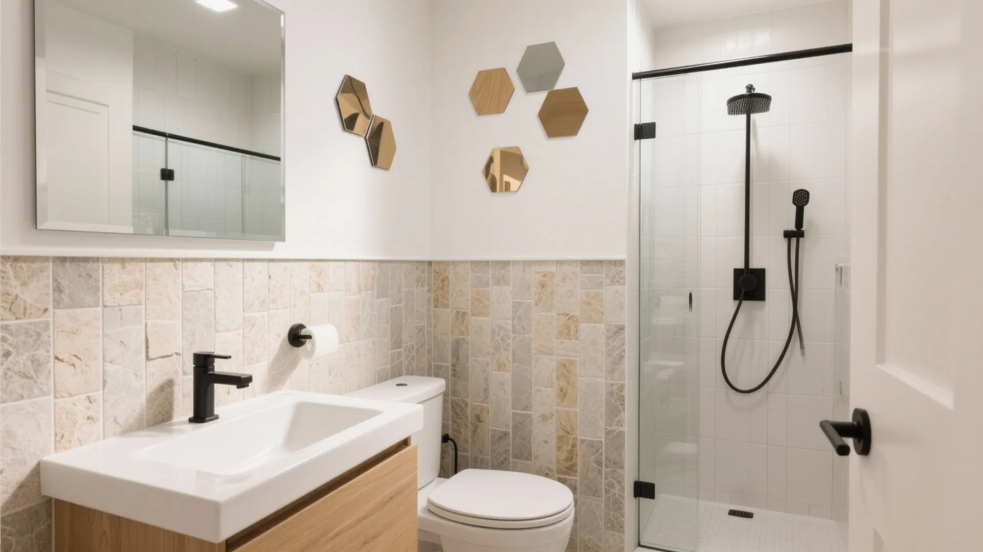 Bright bathroom featuring wooden cabinet white sink toilet glass shower door and hexagon wall mirrors