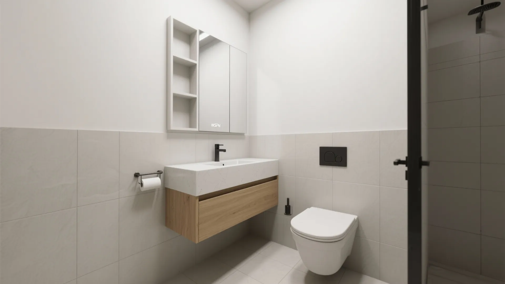 Clean bathroom design showing white toilet floating wooden cabinet white sink and mirror with shelf storage