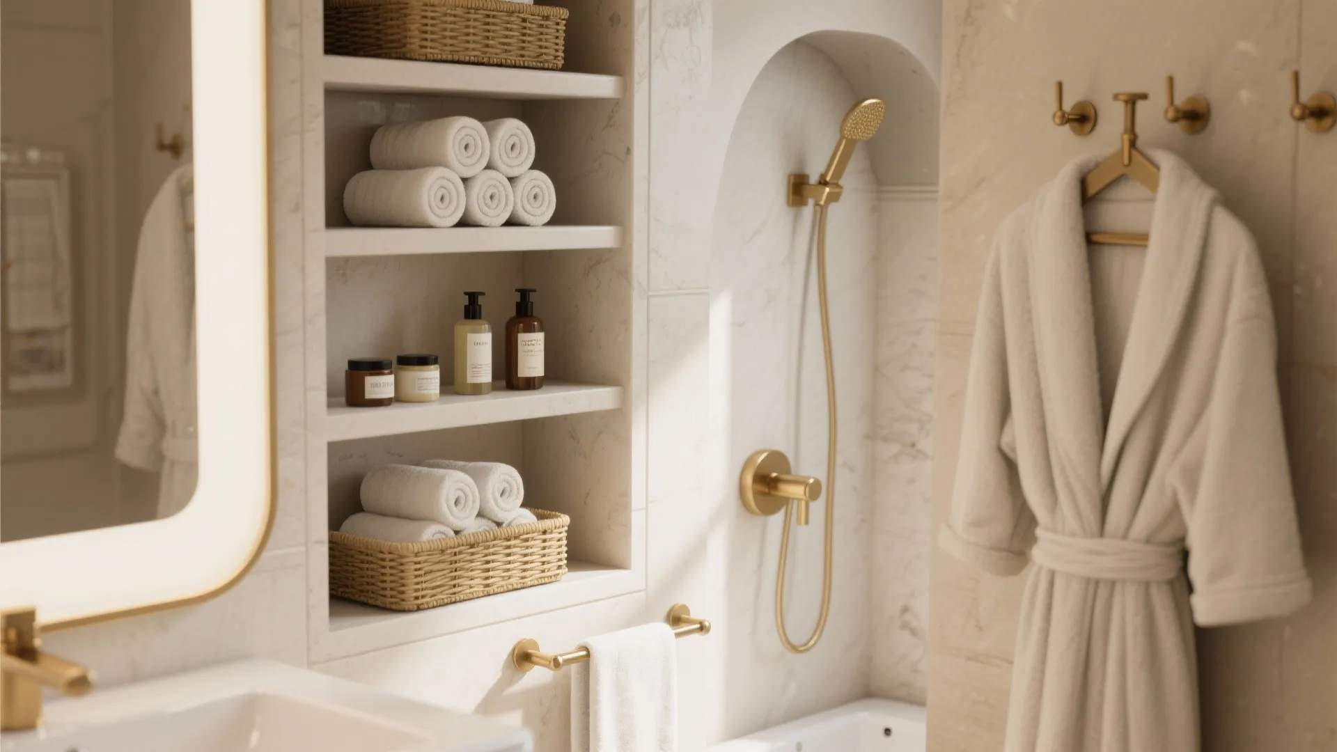 Bathroom wall shelves with rolled white towels bottles gold shower head and a white bathrobe hanging