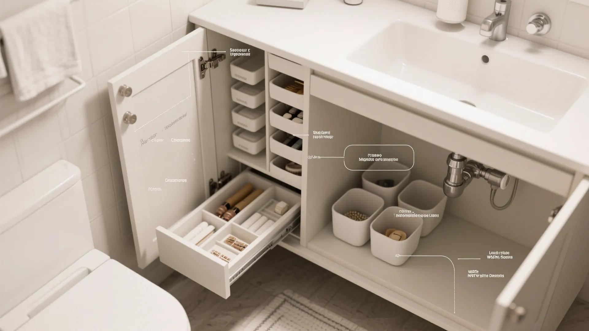 White bathroom cabinet showing open door and organized drawers with small bins for bathroom storage