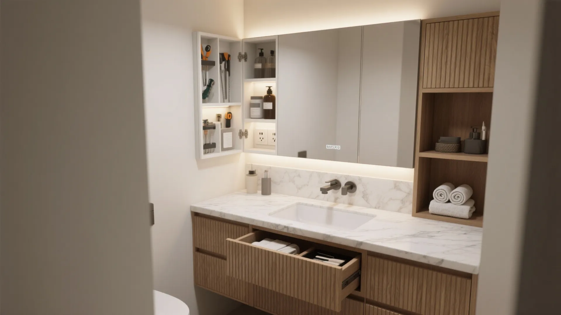 Storage That Works Hard: Medicine Cabinets, Toe-Kicks, and Warm Wood