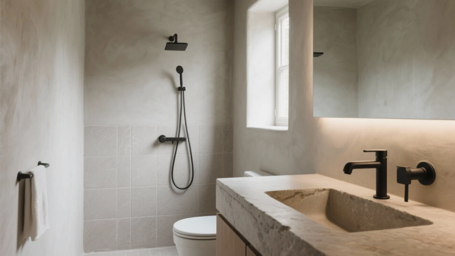 Modern bathroom with stone sink black faucet white toilet shower head and neutral plaster wall finish