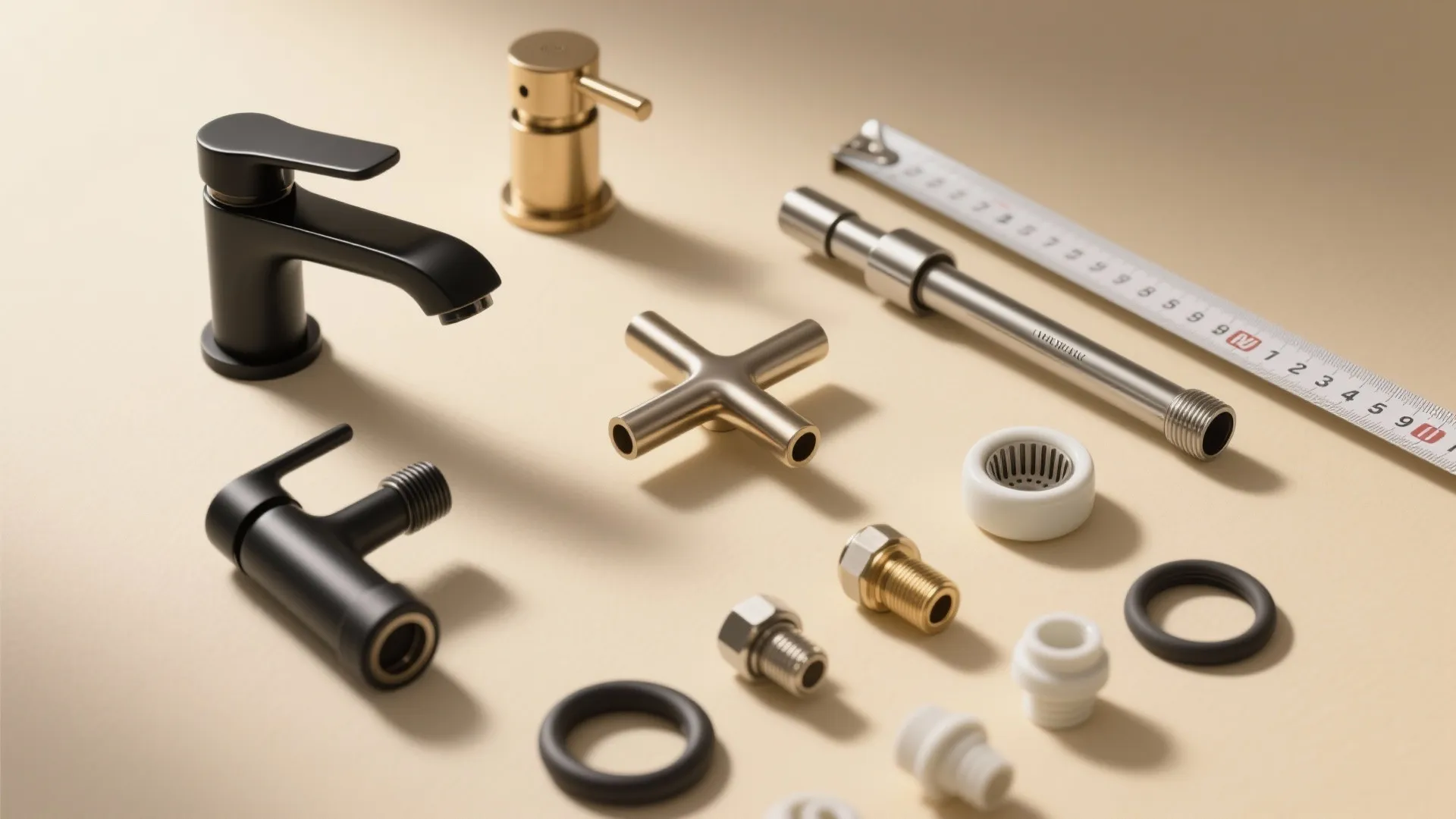 Various metal bathroom faucet parts and measuring tape arranged neatly on a plain beige surface