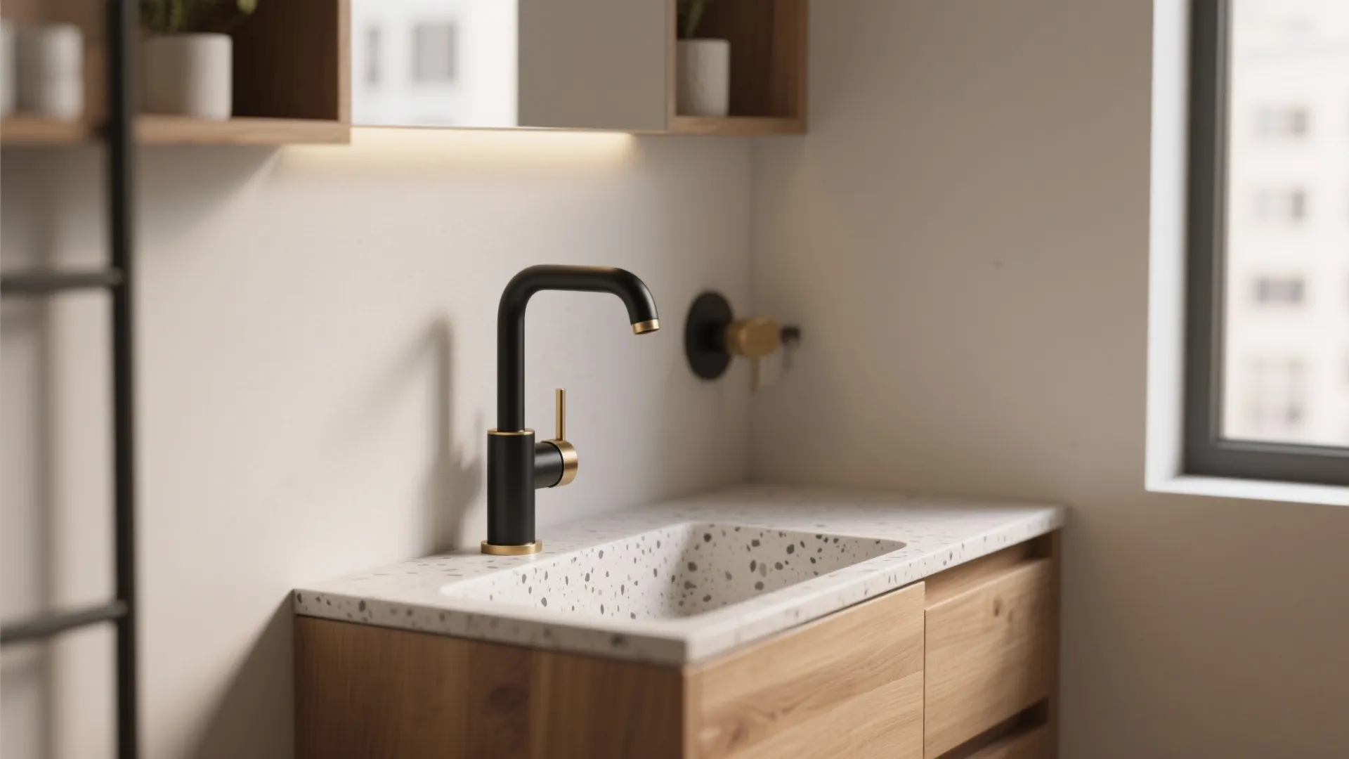 Black and gold tap on white speckled sink with wooden cabinet in bright modern interior