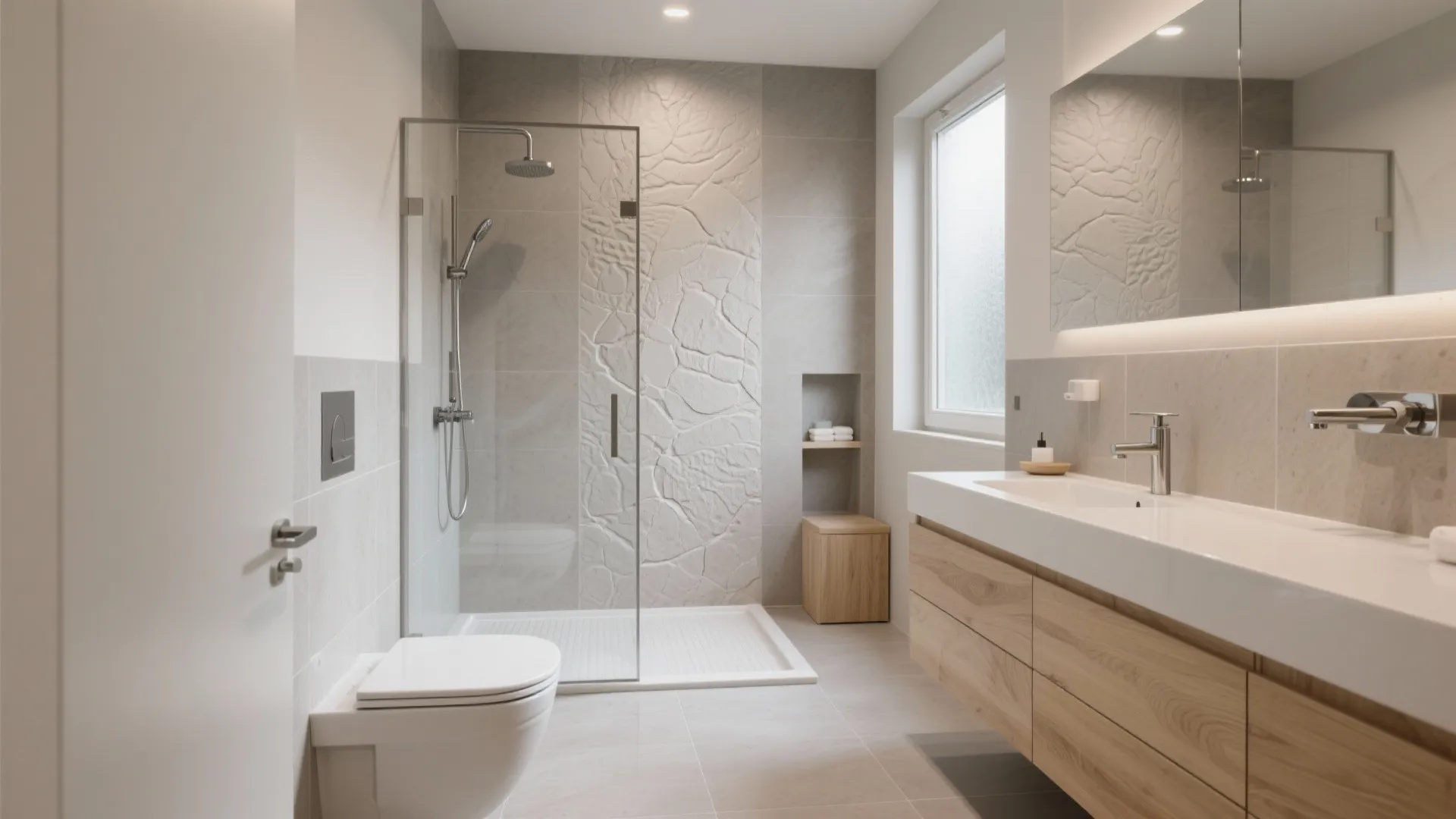 Bright modern bathroom with white toilet glass shower wooden cabinet sink and textured wall panel