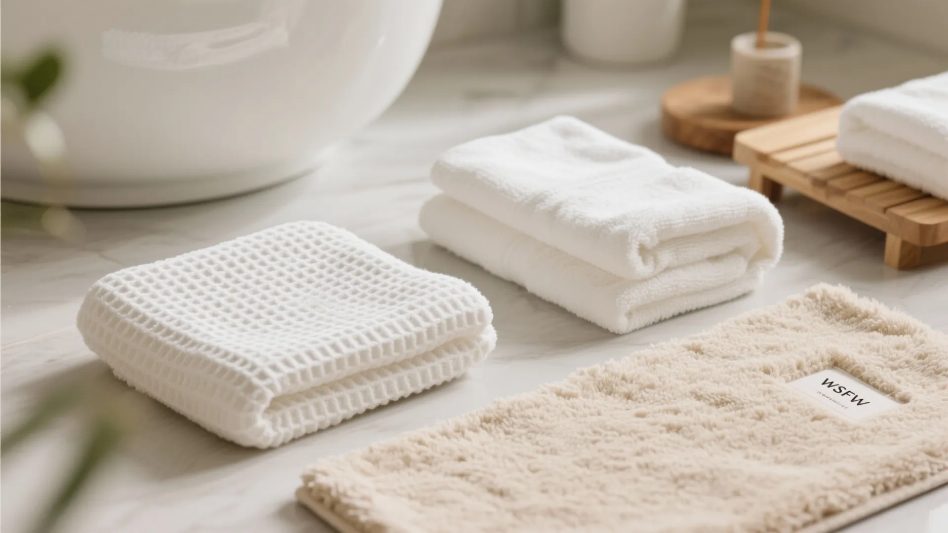 Stacked white towels and a beige bath mat placed on a clean white marble surface