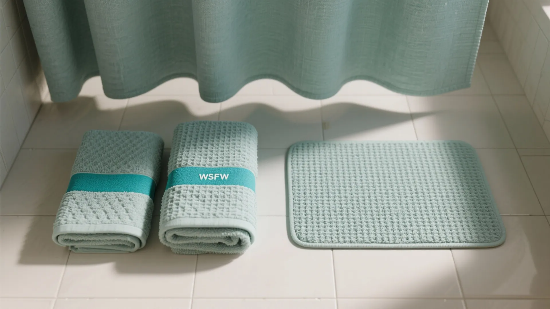 Teal green bath mat and matching rolled towels on a white tiled floor with curtain
