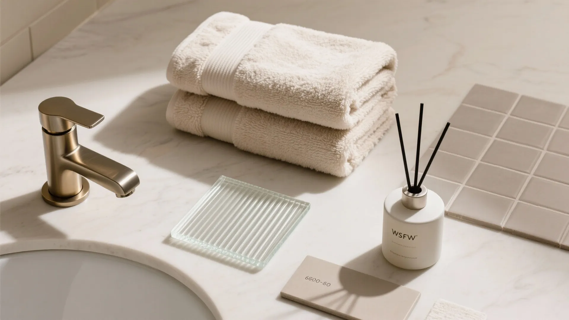 Marble bathroom counter with brass water tap white towels reed diffuser and square floor tiles