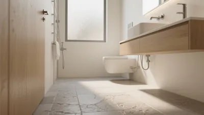 Modern Minimalist Bathroom with Natural Light & Warm Wood Accents