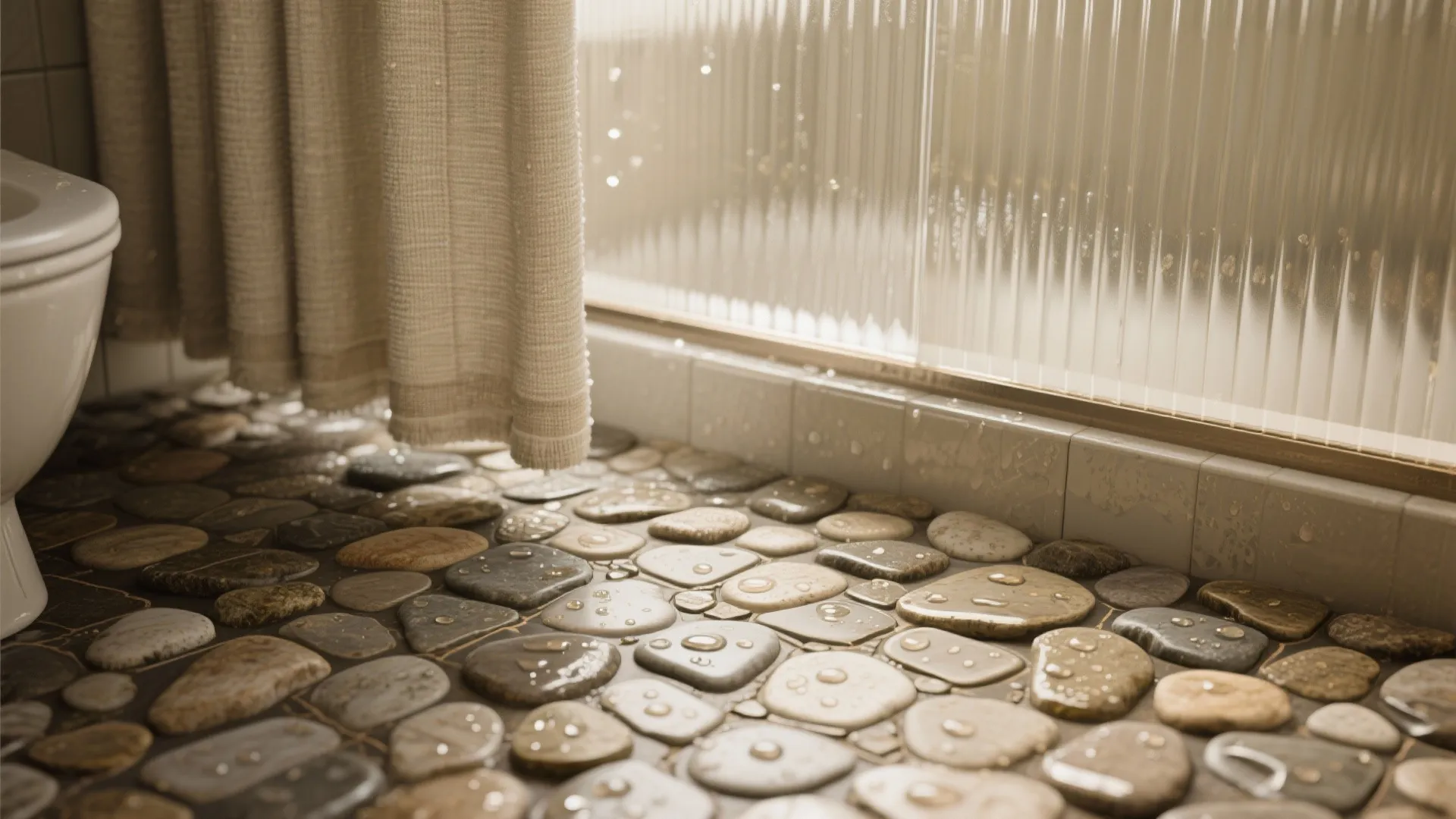 Close up of a bathroom pebble floor with water droplets beige curtain and white toilet